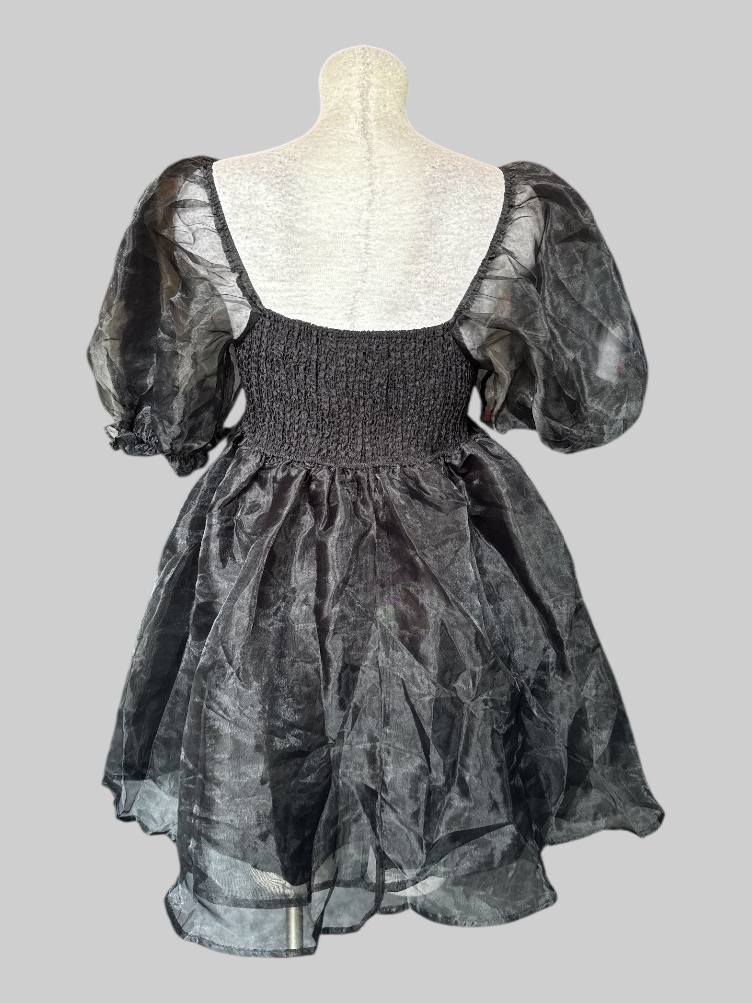 M NWT beautiful black short poofy dress with tule, sheer sleeves, and shirred back