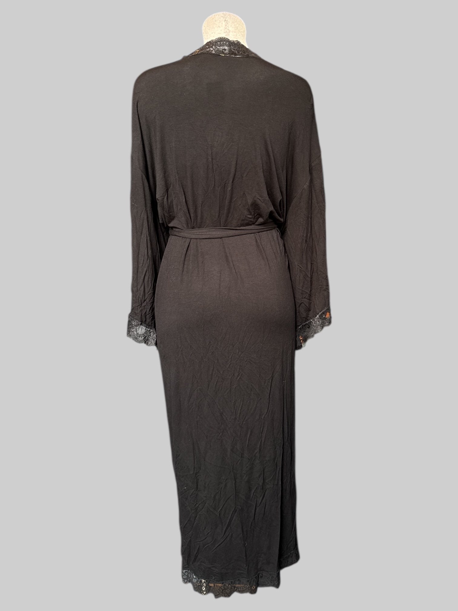 4X Black Fox Blood flowy robe with bell sleeves, lace trim,  and belt