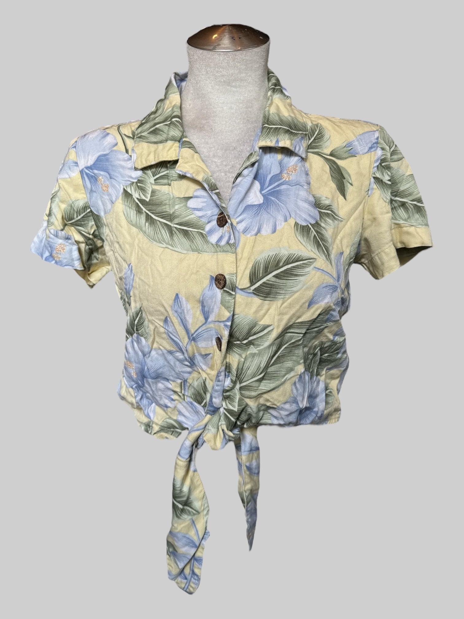 S Vintage yellow tropical print crop top with blue and green botanicals, tie in front, and buttons