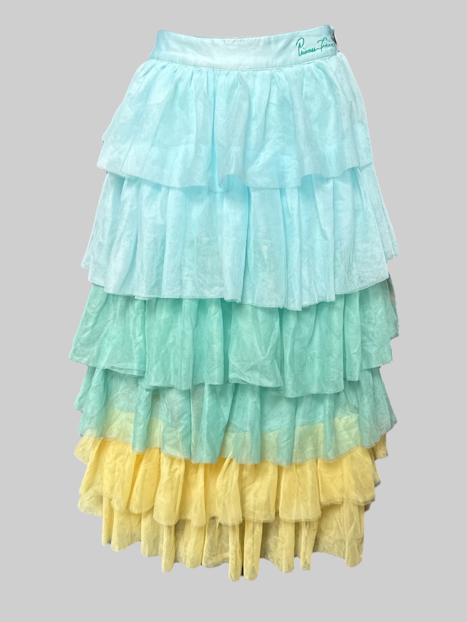L NWT Color Me Courtney princess Tiana blue, green, and yellow maxi skirt with ruffles and tule