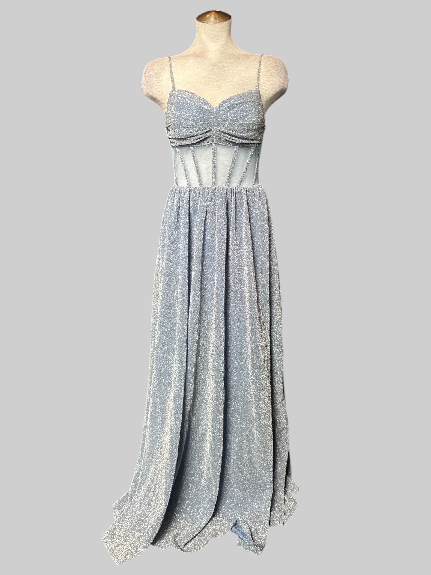 S Blue glittery maxi dress with back zipper and mesh corset top with boning