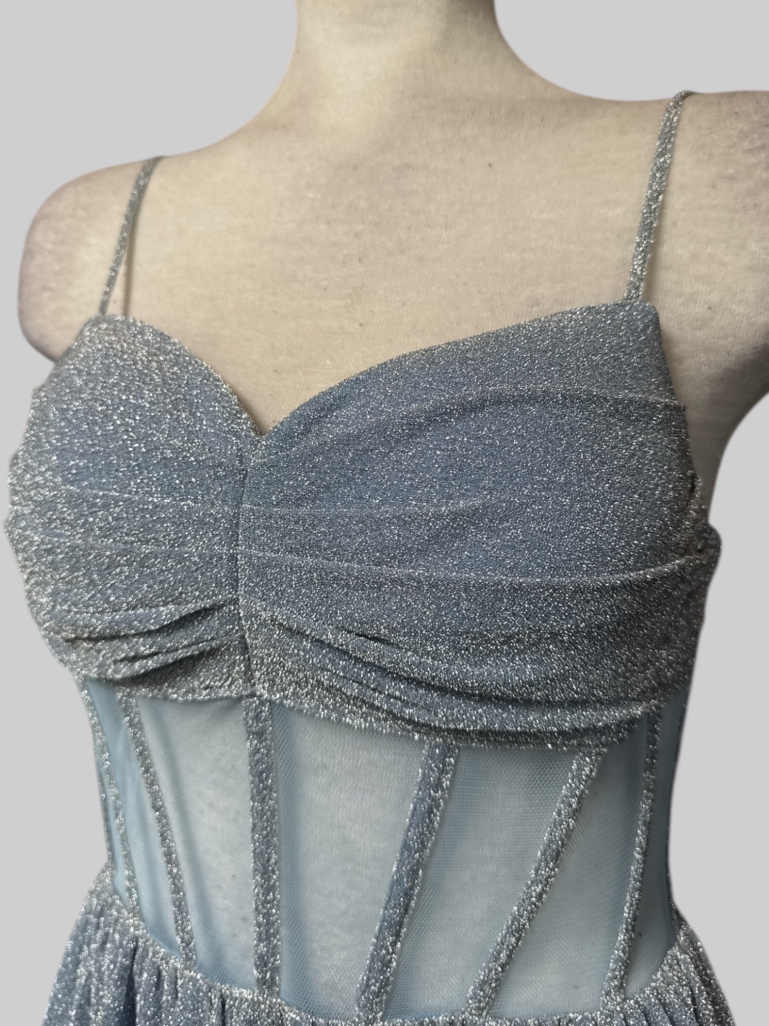 S Blue glittery maxi dress with back zipper and mesh corset top with boning