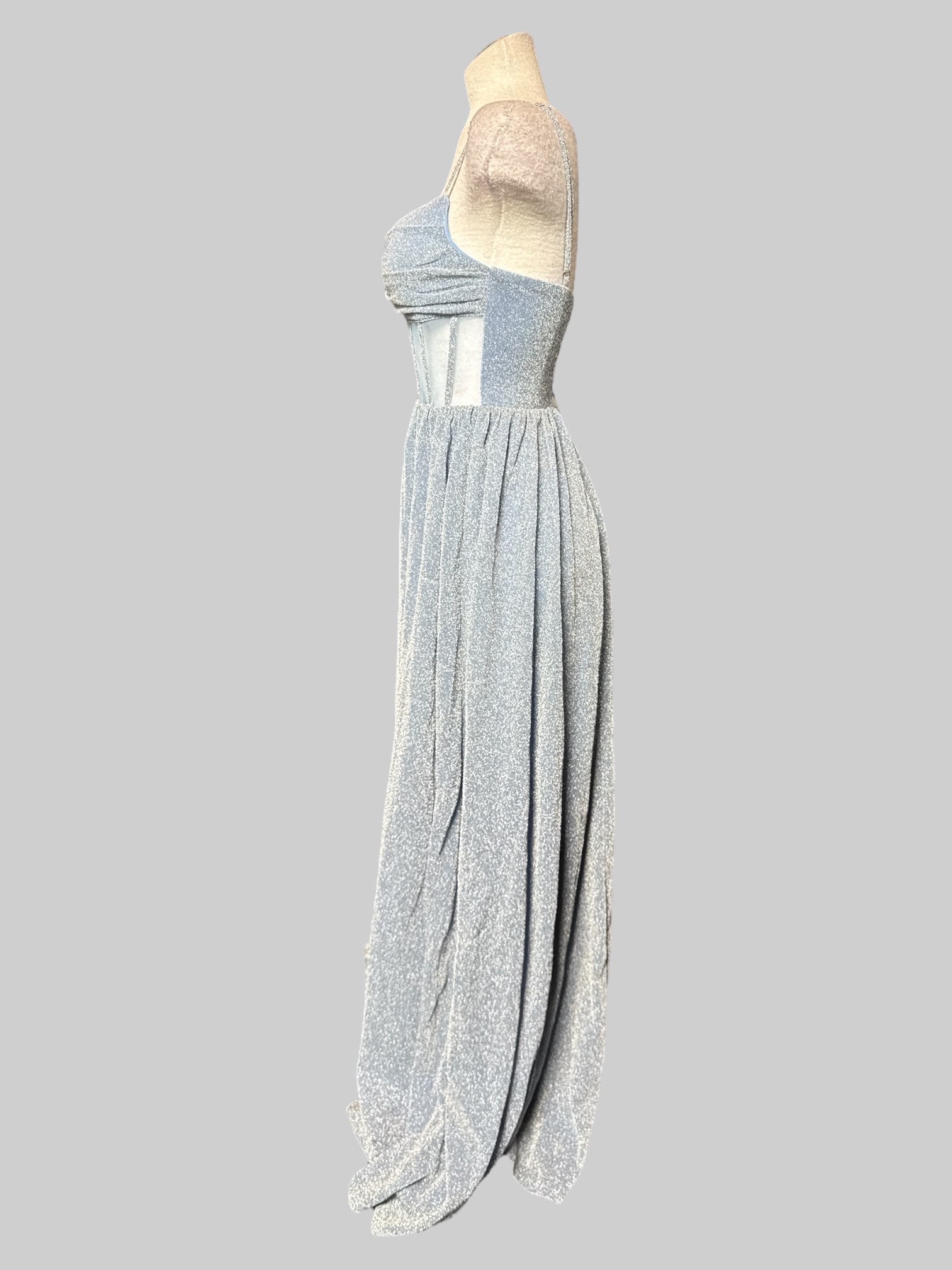 S Blue glittery maxi dress with back zipper and mesh corset top with boning