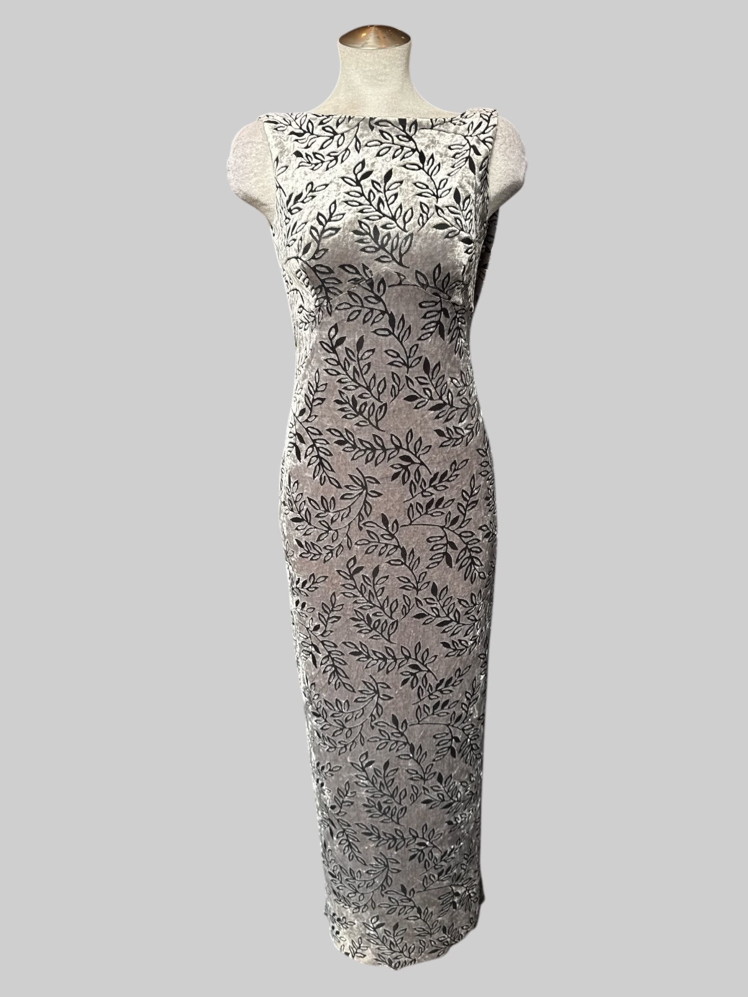 M Vintage 90’s beautiful gray velvet maxi dress with black velvet burnout botanicals and draped back