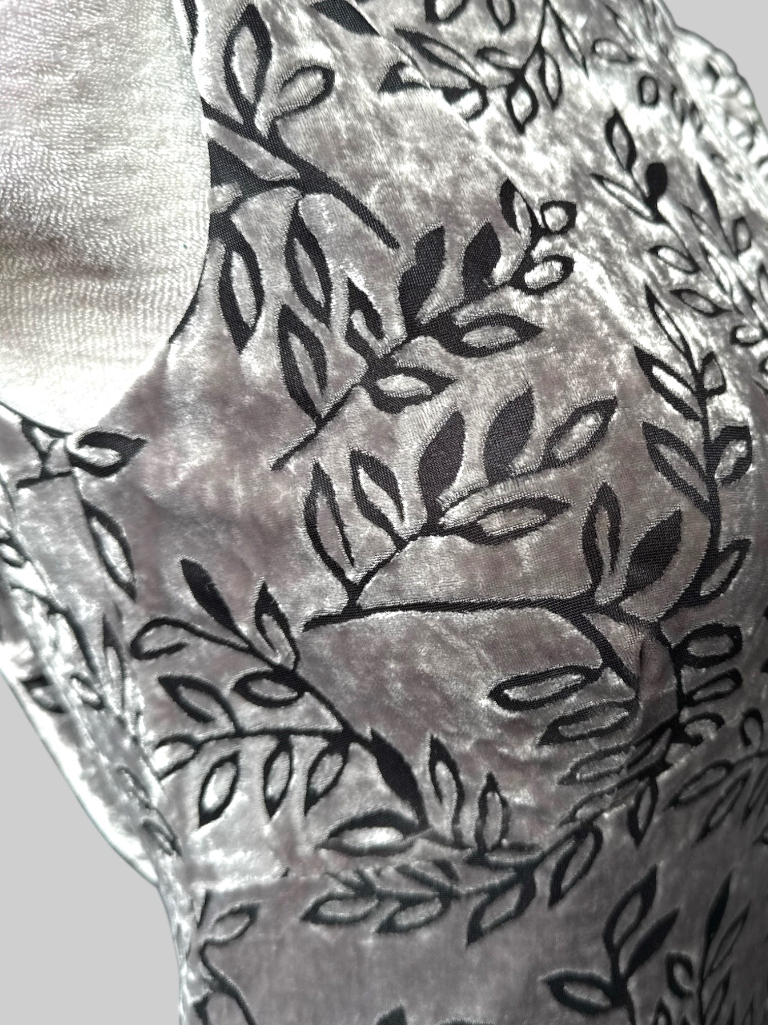 M Vintage 90’s beautiful gray velvet maxi dress with black velvet burnout botanicals and draped back