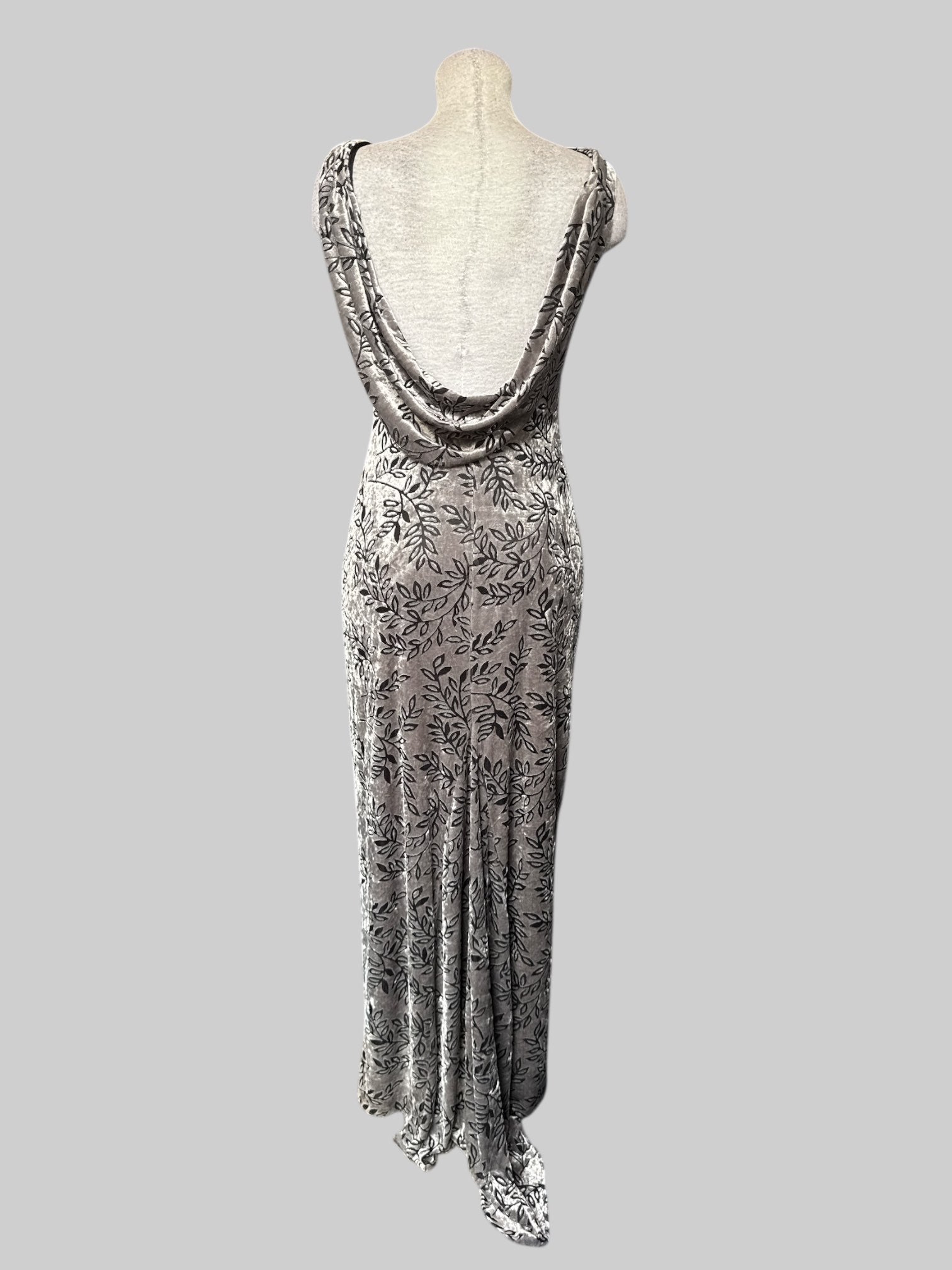 M Vintage 90’s beautiful gray velvet maxi dress with black velvet burnout botanicals and draped back