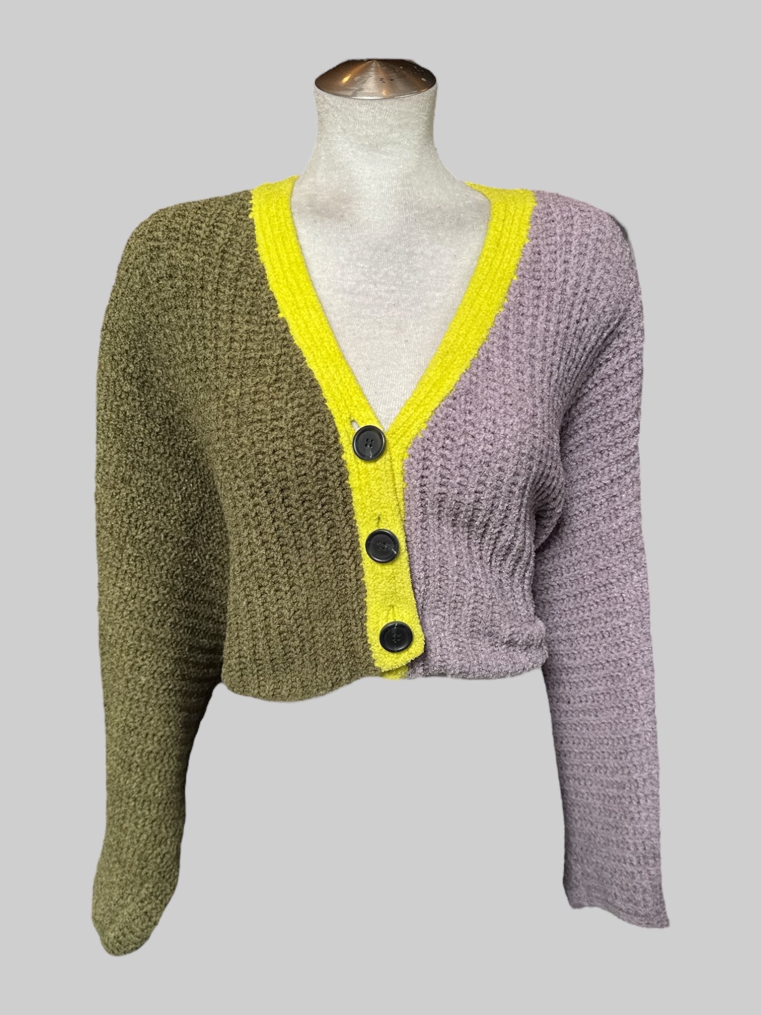 3X Purple green and yellow color block cardigan