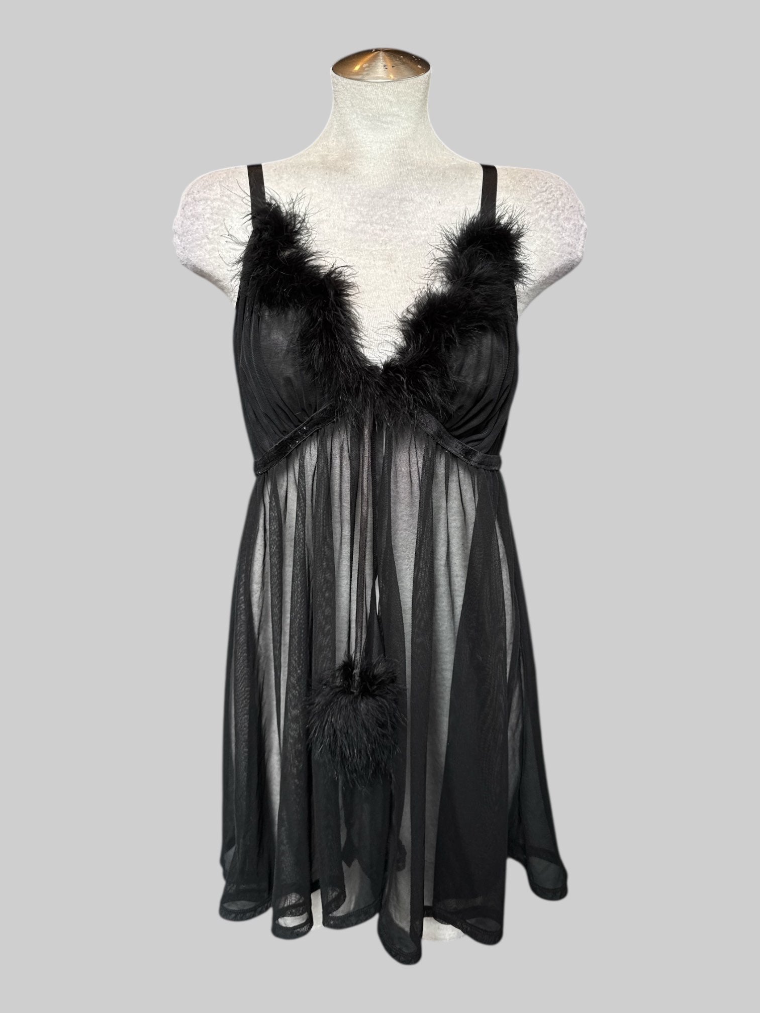 3X Black sheer lingerie slip with feathers