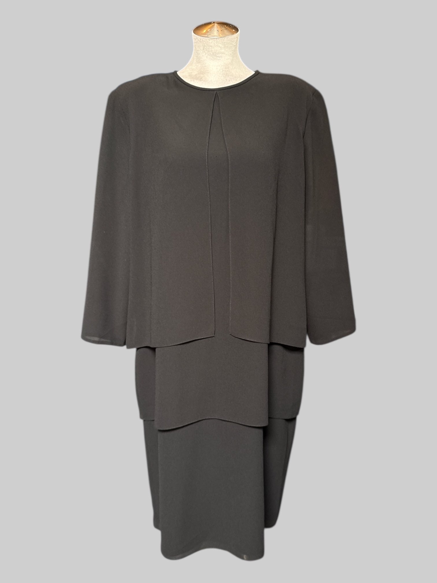 L Vintage black tiered dress with sheer sleeves and shoulder pads