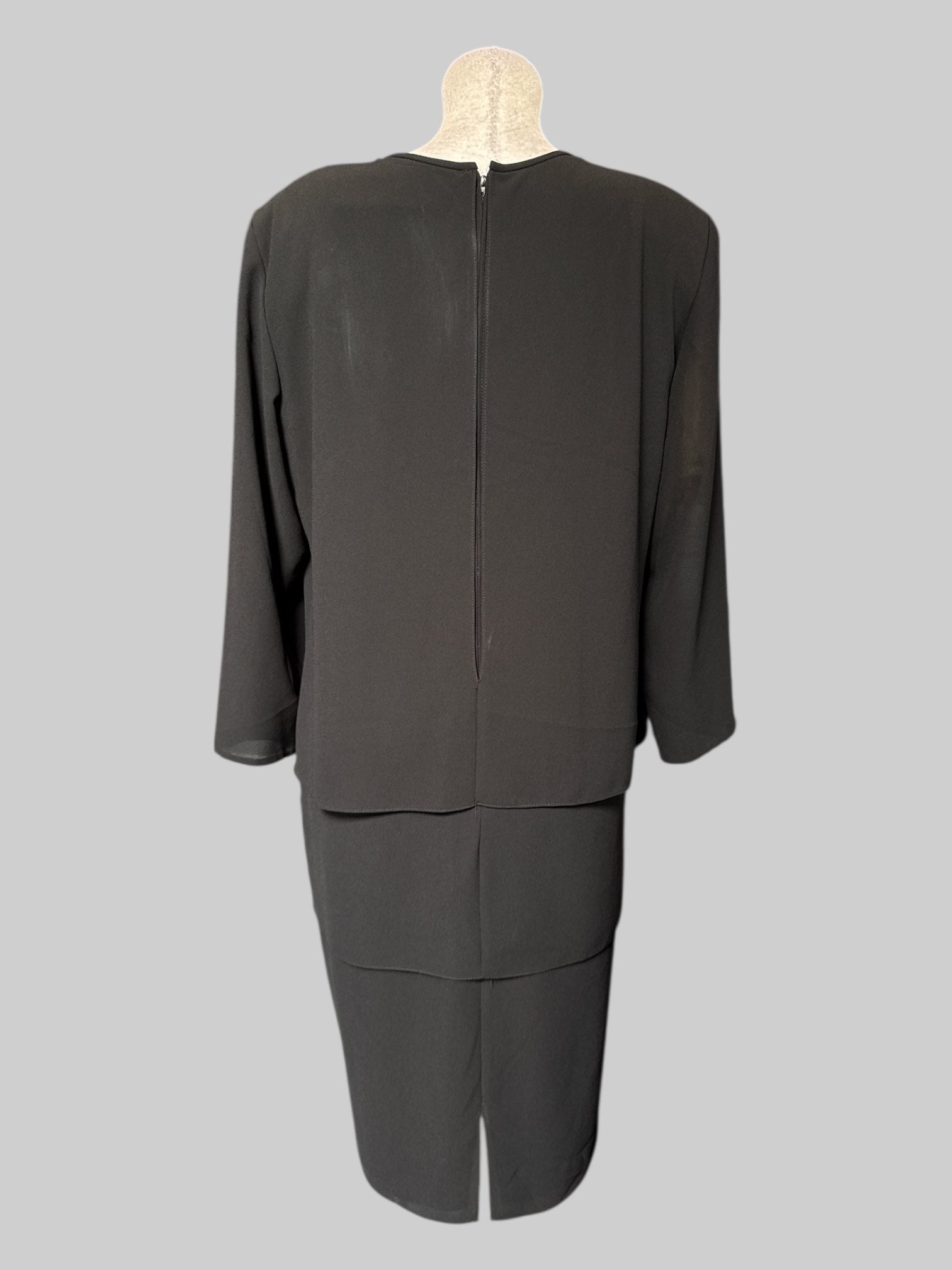 L Vintage black tiered dress with sheer sleeves and shoulder pads