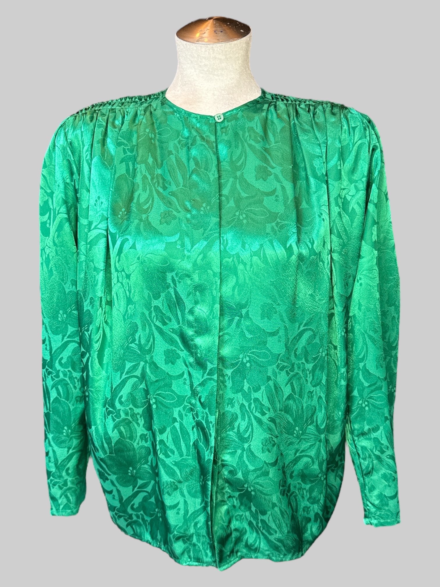 M Vintage green button down with floral burnout design, shoulder pads, and pleated design on shoulders