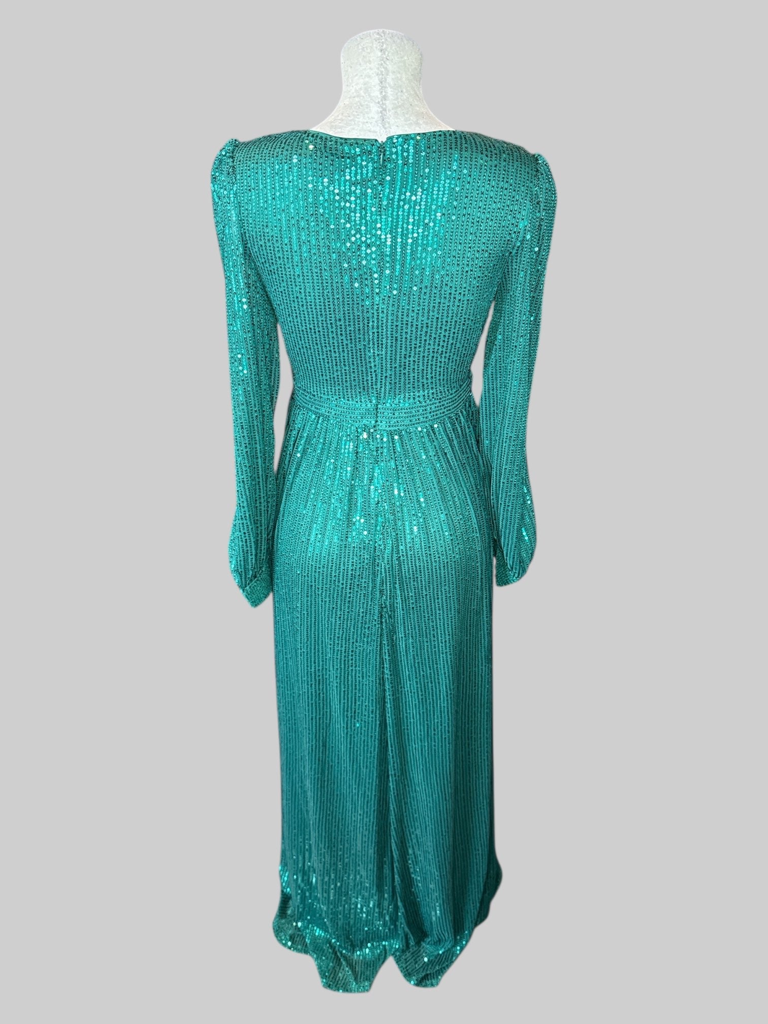 M Dark green long sleeve dress with sequence, faux wrap design, and cuffs with buttons