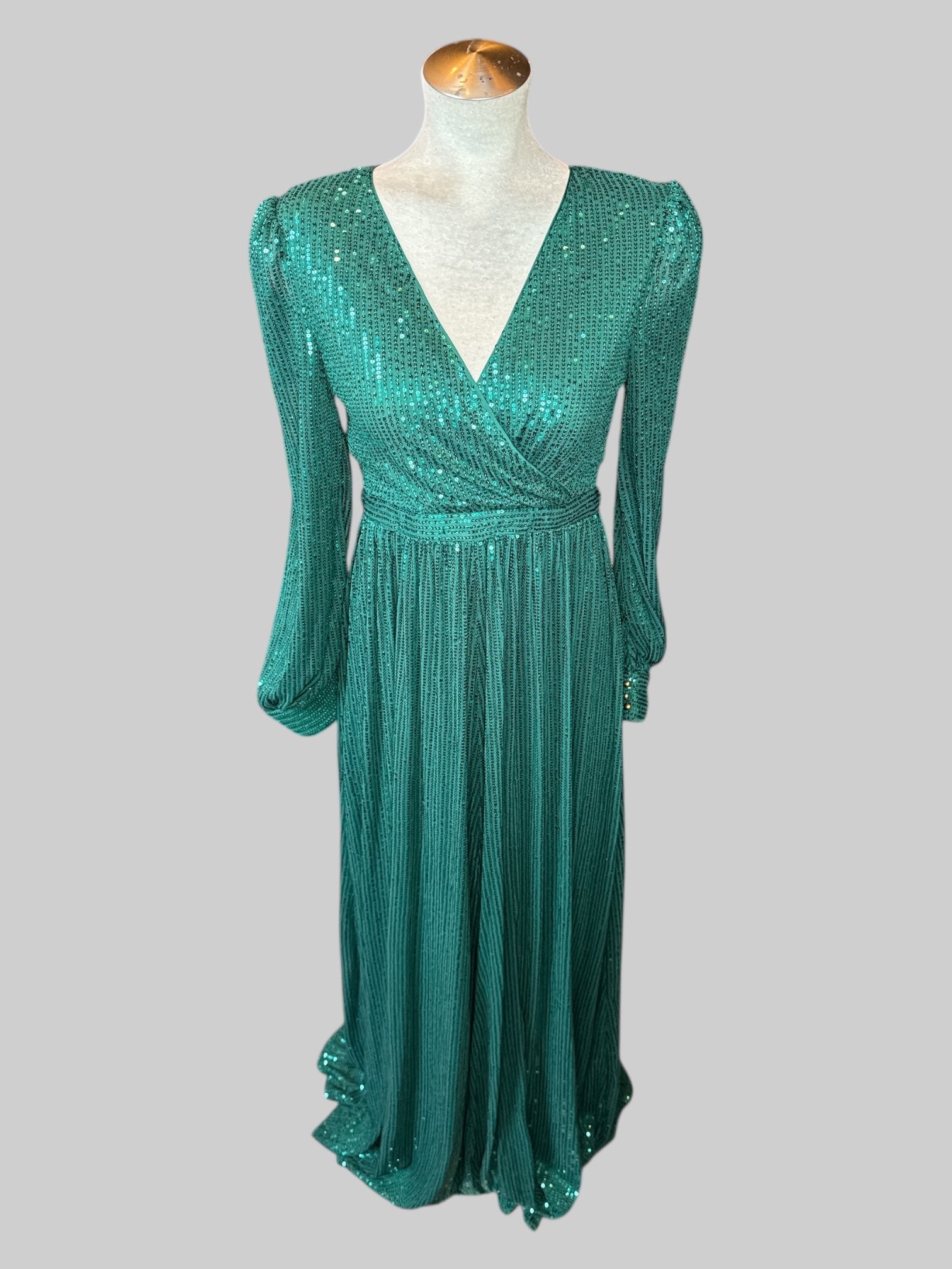 M Dark green long sleeve dress with sequence, faux wrap design, and cuffs with buttons