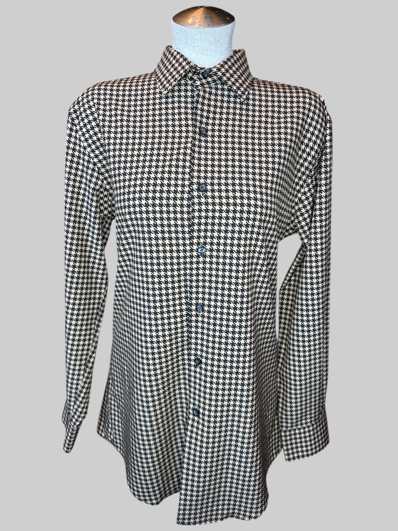 L Brown and black houndstooth print long sleeve button down
