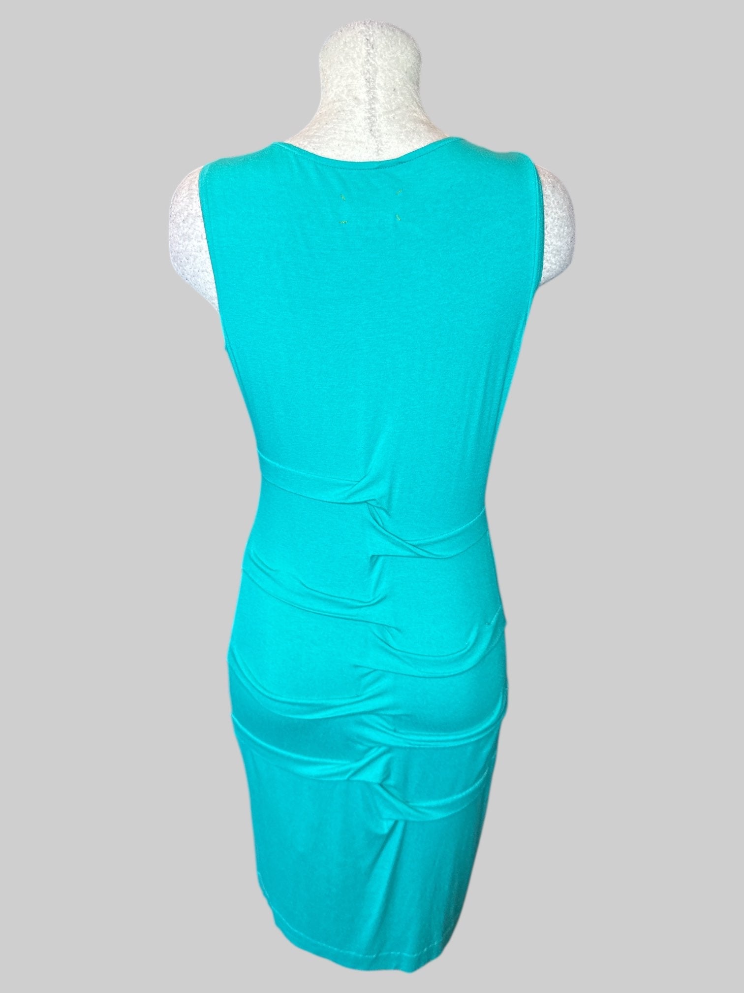 L Turquoise sleeveless body con dress with cinched design on front and back