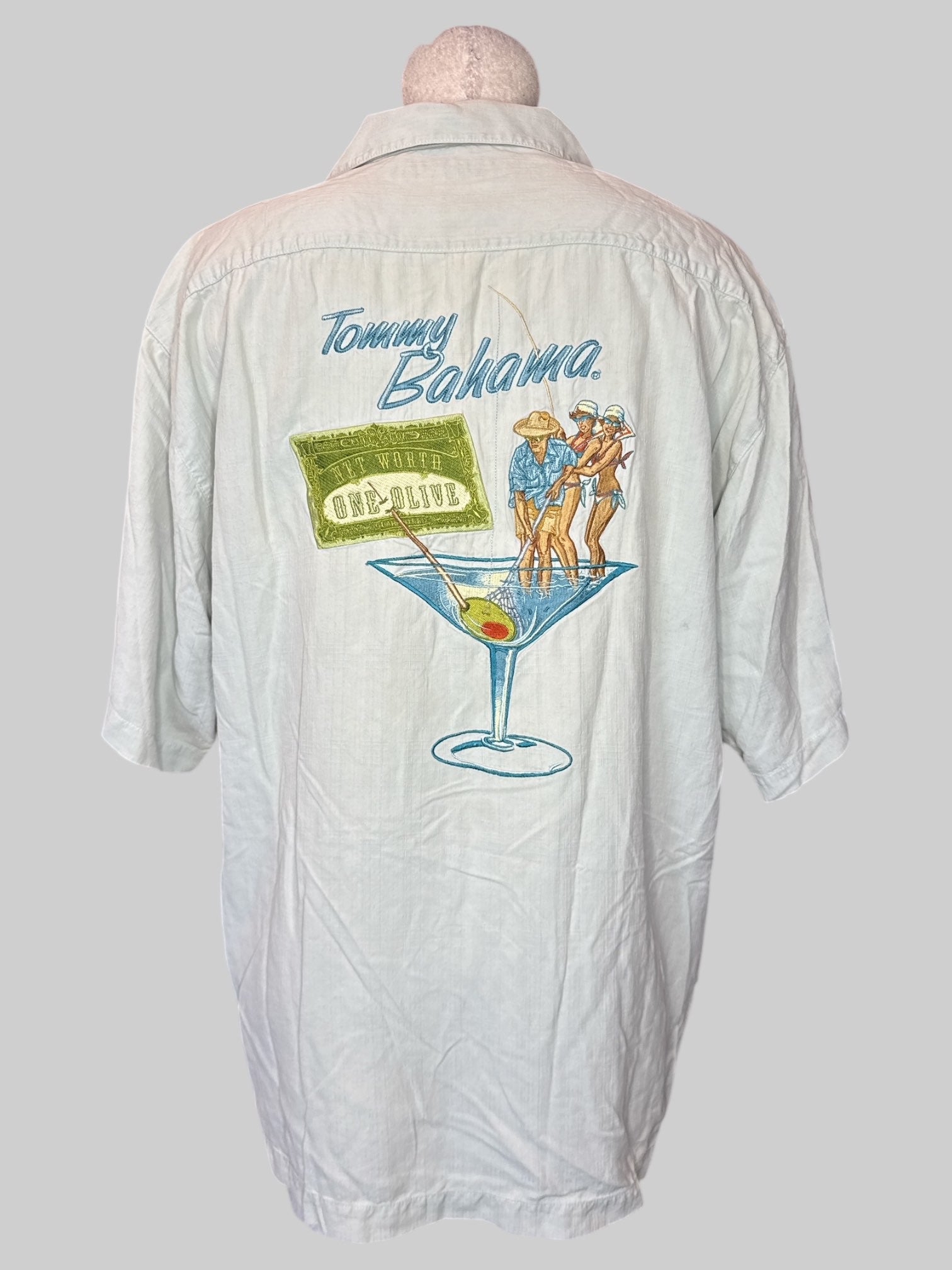 XL Light green short sleeve button down with pocket, wooden buttons, and “Tommy Bahama One Olive” embroidery on back