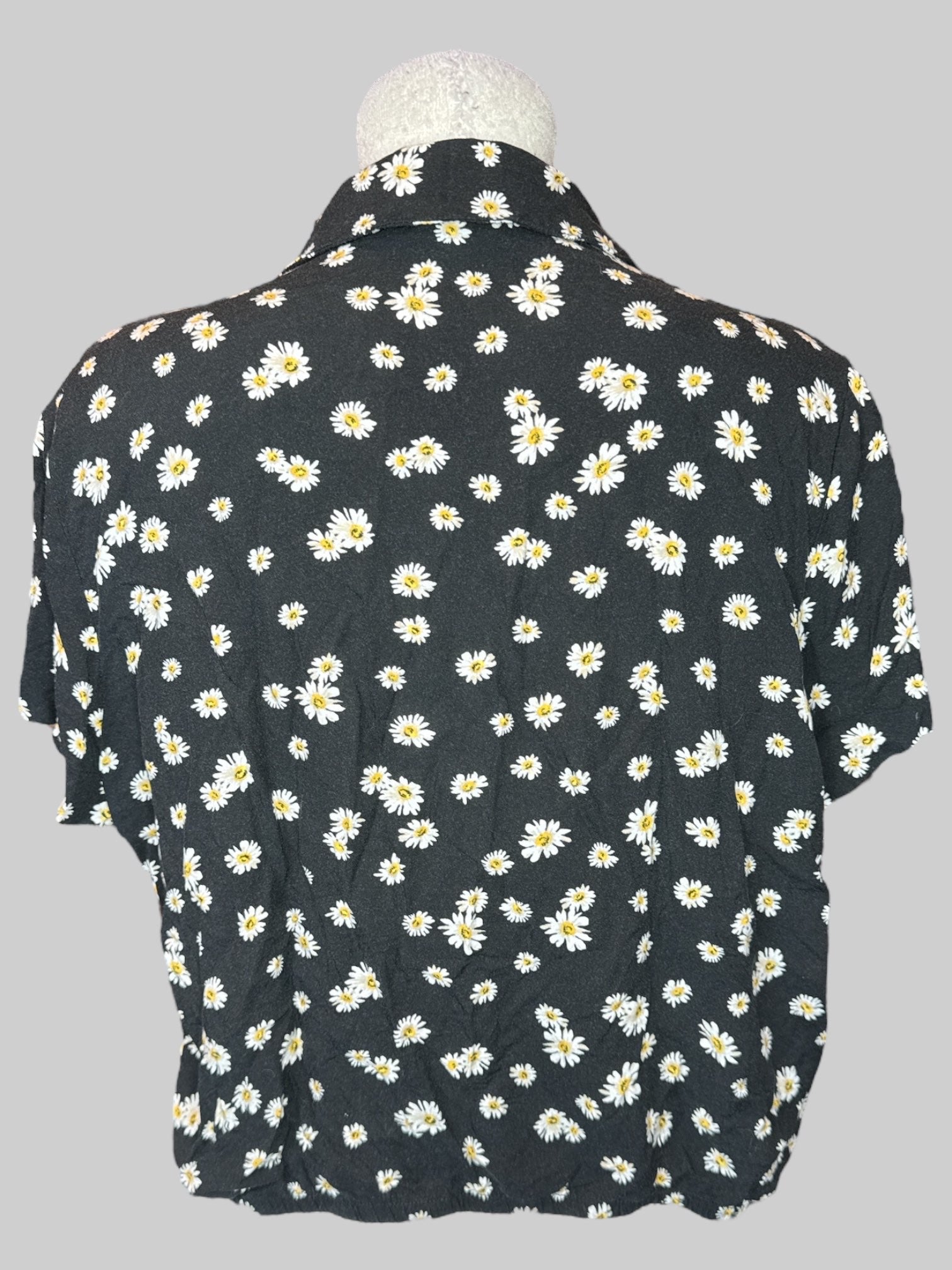 XL Black short sleeve floral button down with tie on front, and elastic waist on back
