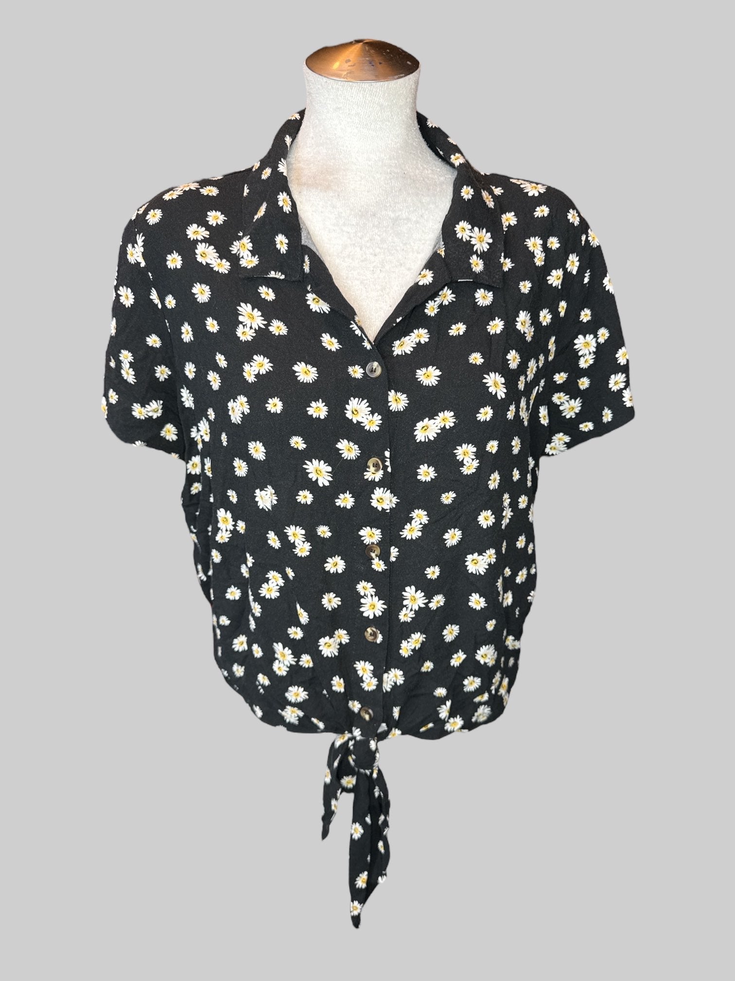XL Black short sleeve floral button down with tie on front, and elastic waist on back
