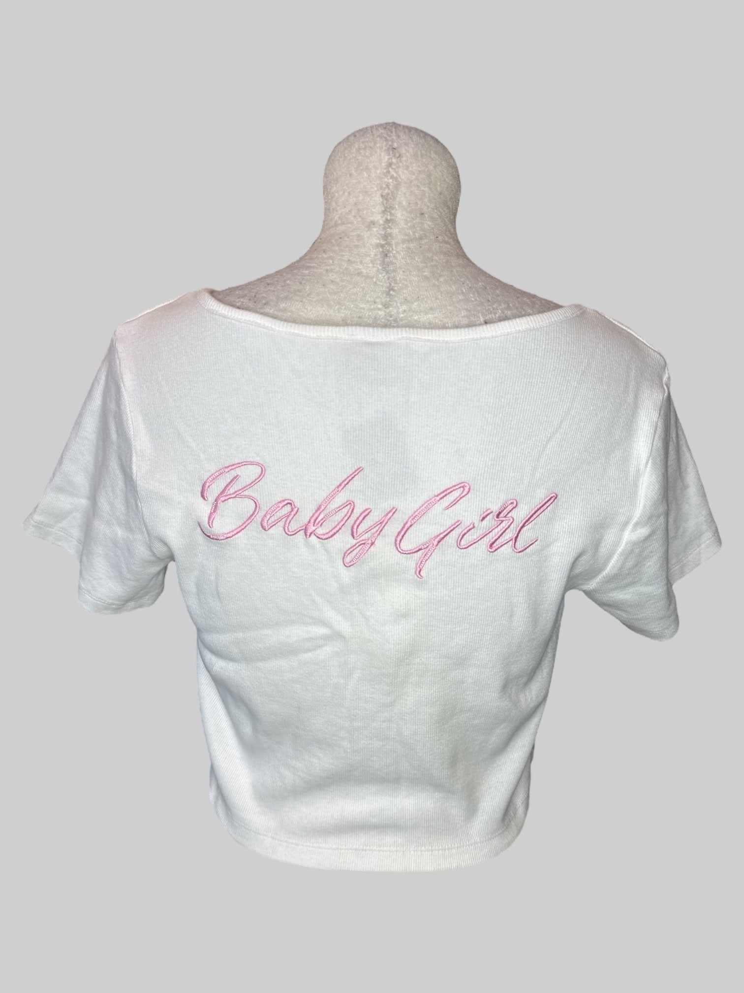 0X White short sleeve crop top button down with pink “Baby Girl” embroidery on back