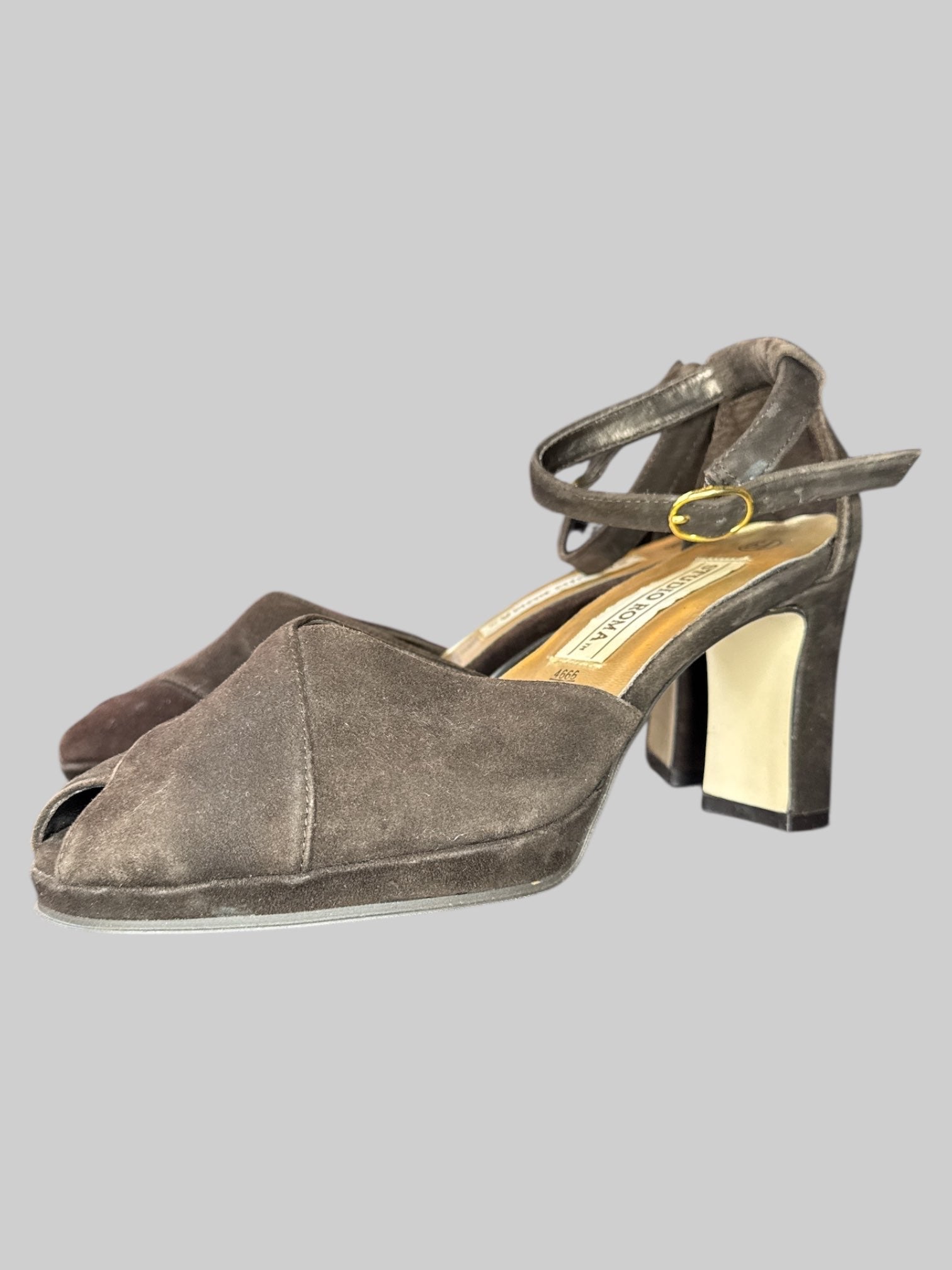 Size 6.5 Studio Roma Vintage brown leather open toe high heel shoes with 3in heel