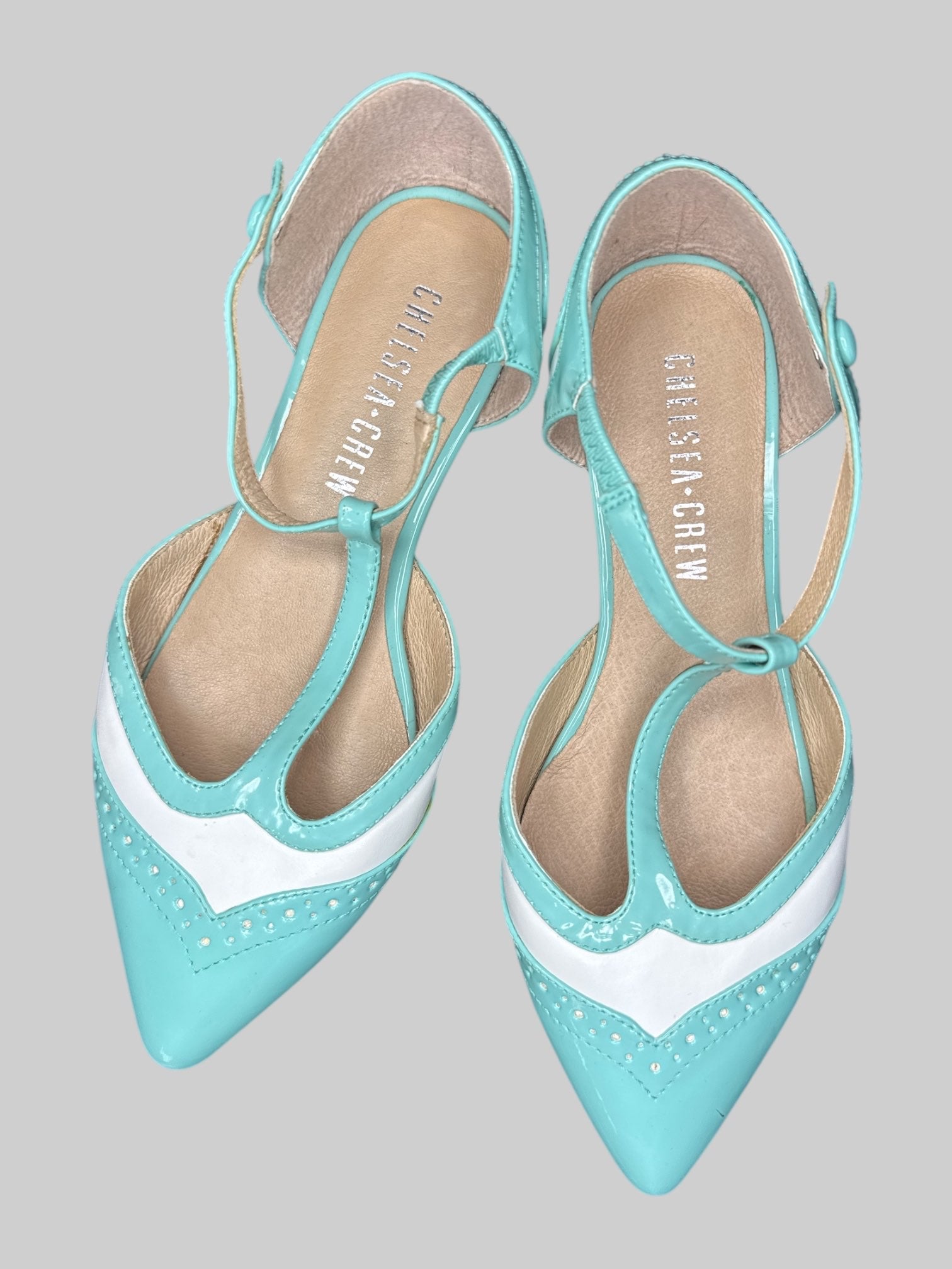 Size 36, 5.5-6 in US sizing blue and white pointy toe flats