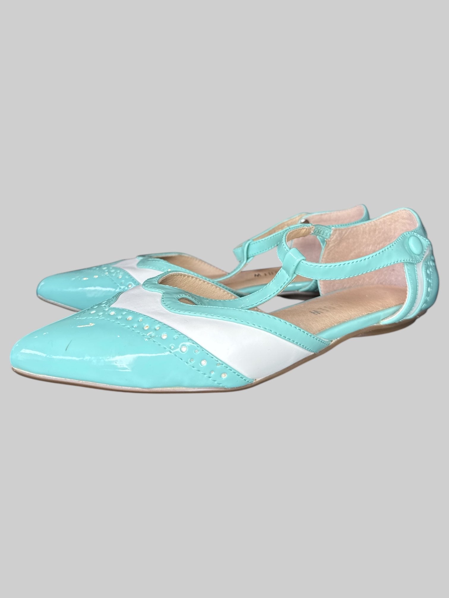 Size 36, 5.5-6 in US sizing blue and white pointy toe flats