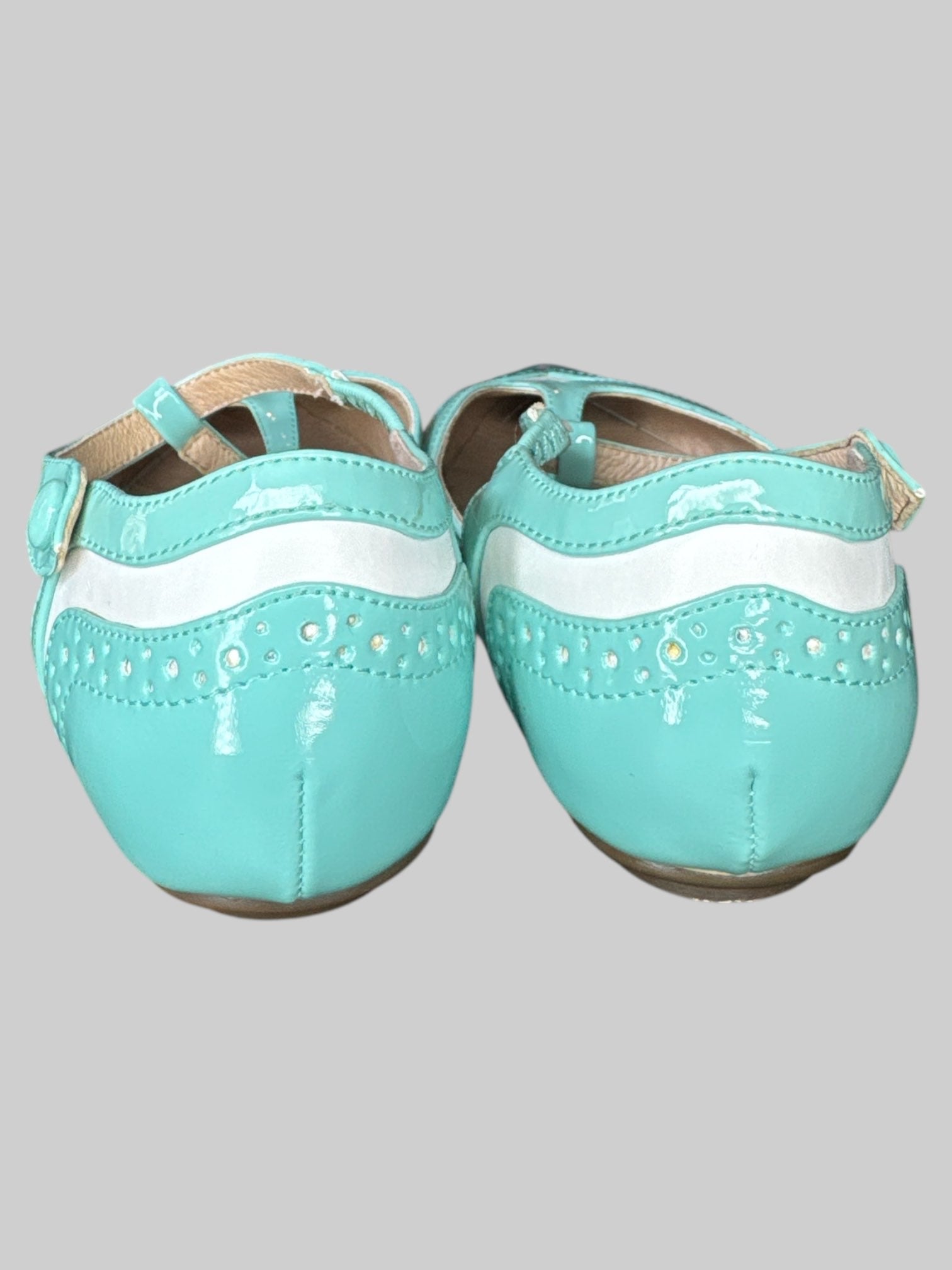 Size 36, 5.5-6 in US sizing blue and white pointy toe flats