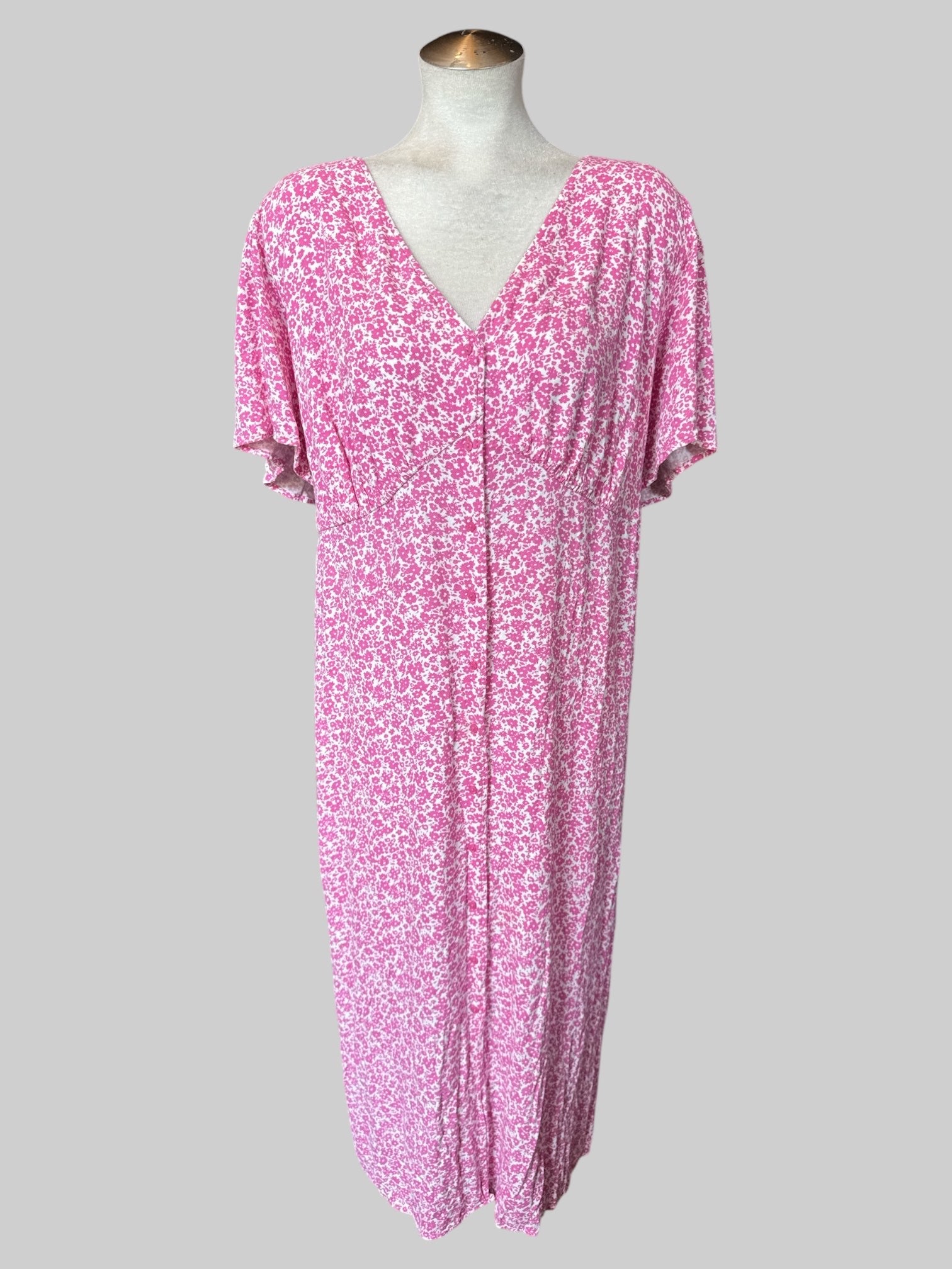 3X White and pink floral button-down dress with shirred bodice