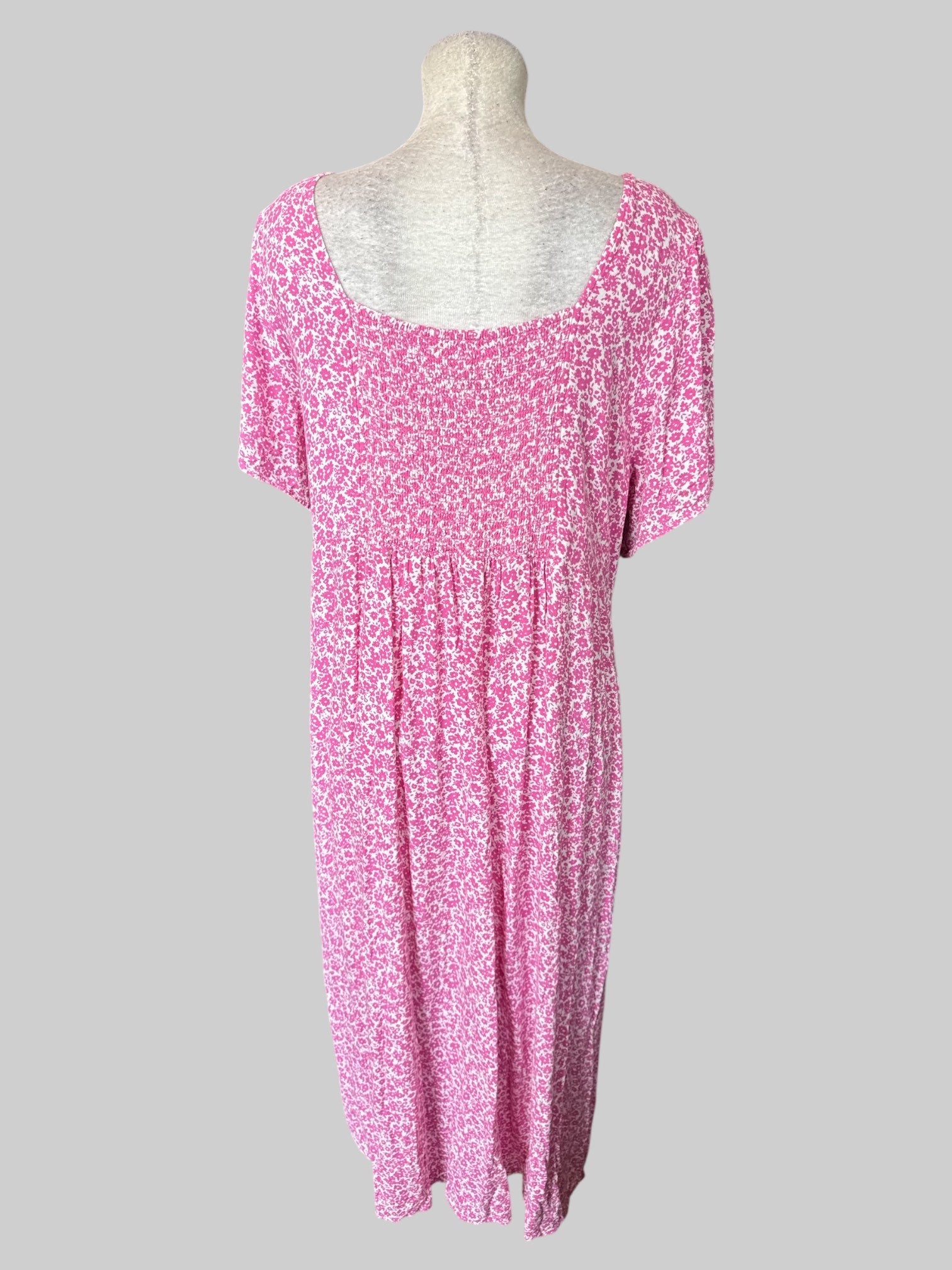 3X White and pink floral button-down dress with shirred bodice