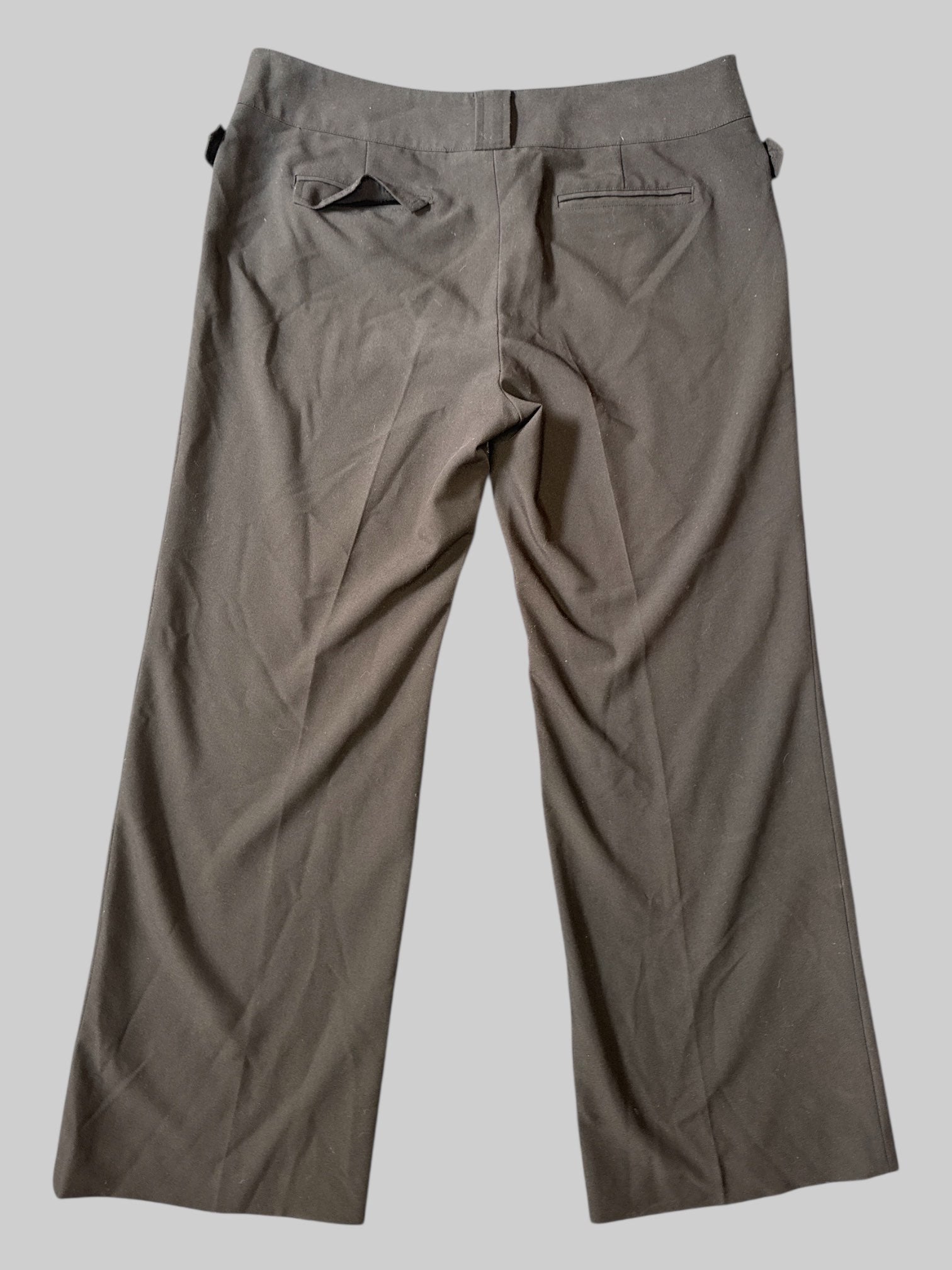 0X Black trousers with thick belt loops, pockets on back sides, and button closures for pockets