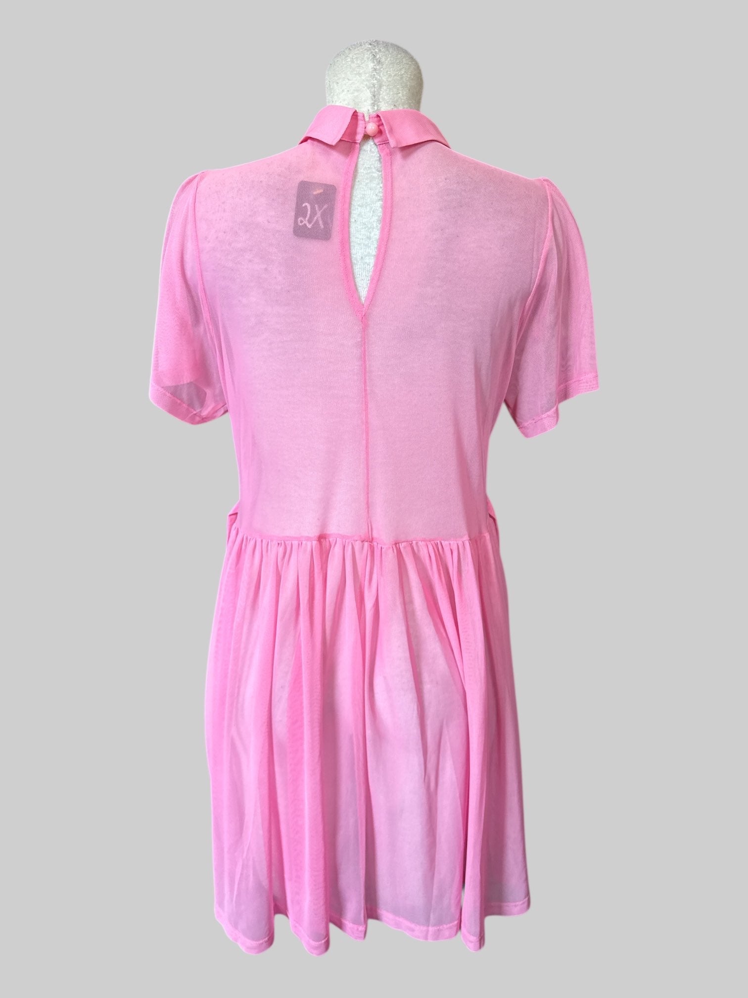 2X Pink sheer mesh short sleeve dress with collar, and keyhole and button on back