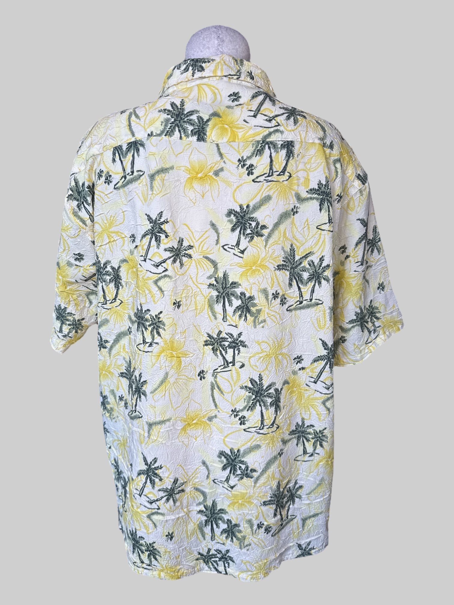 0X Vintage off-white short sleeve button-down shirt with yellow and green, tropical print, and pocket on front