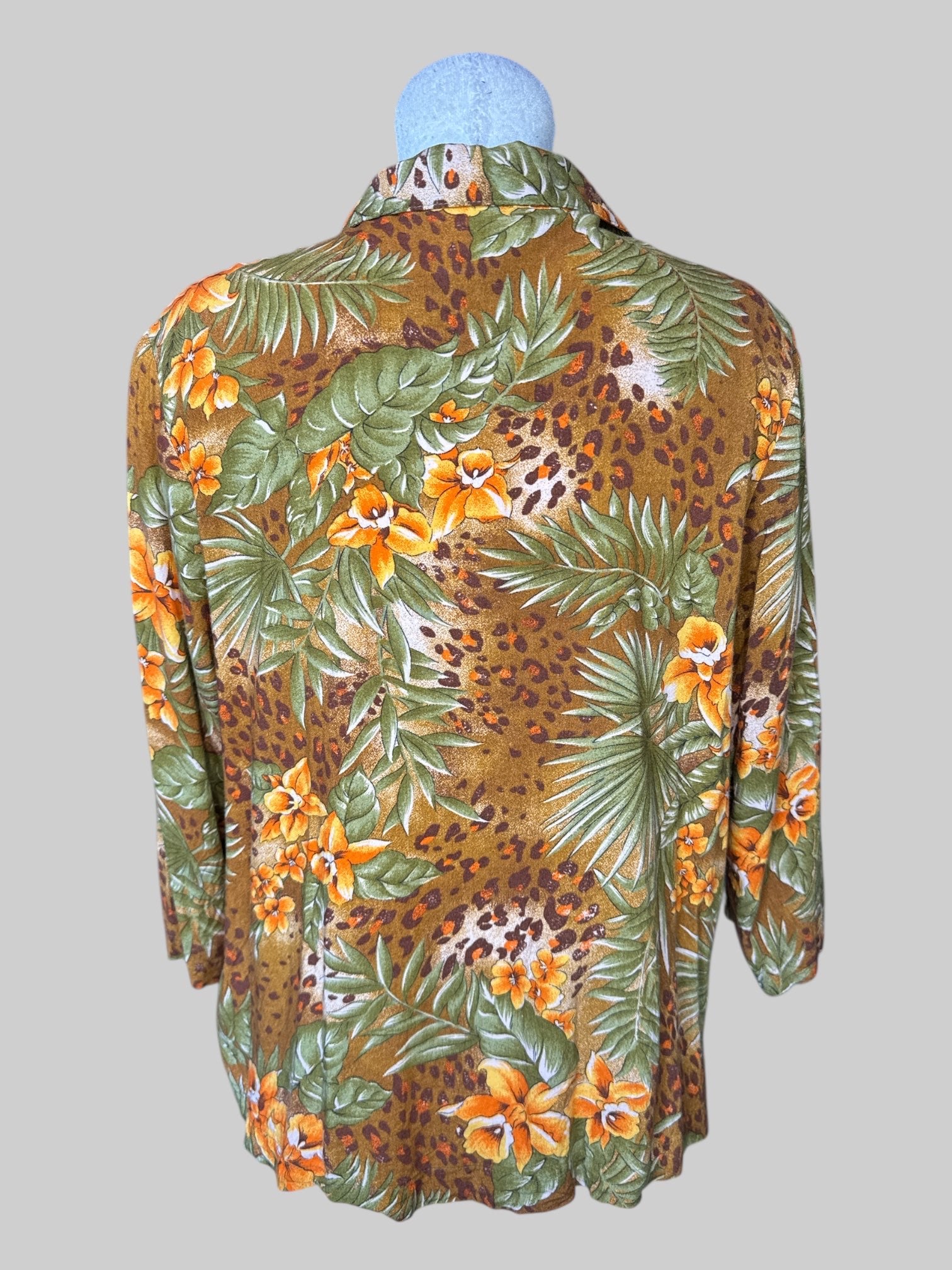 0X Vintage brown button-down top with orange floral print, leopard print, and wooden buttons