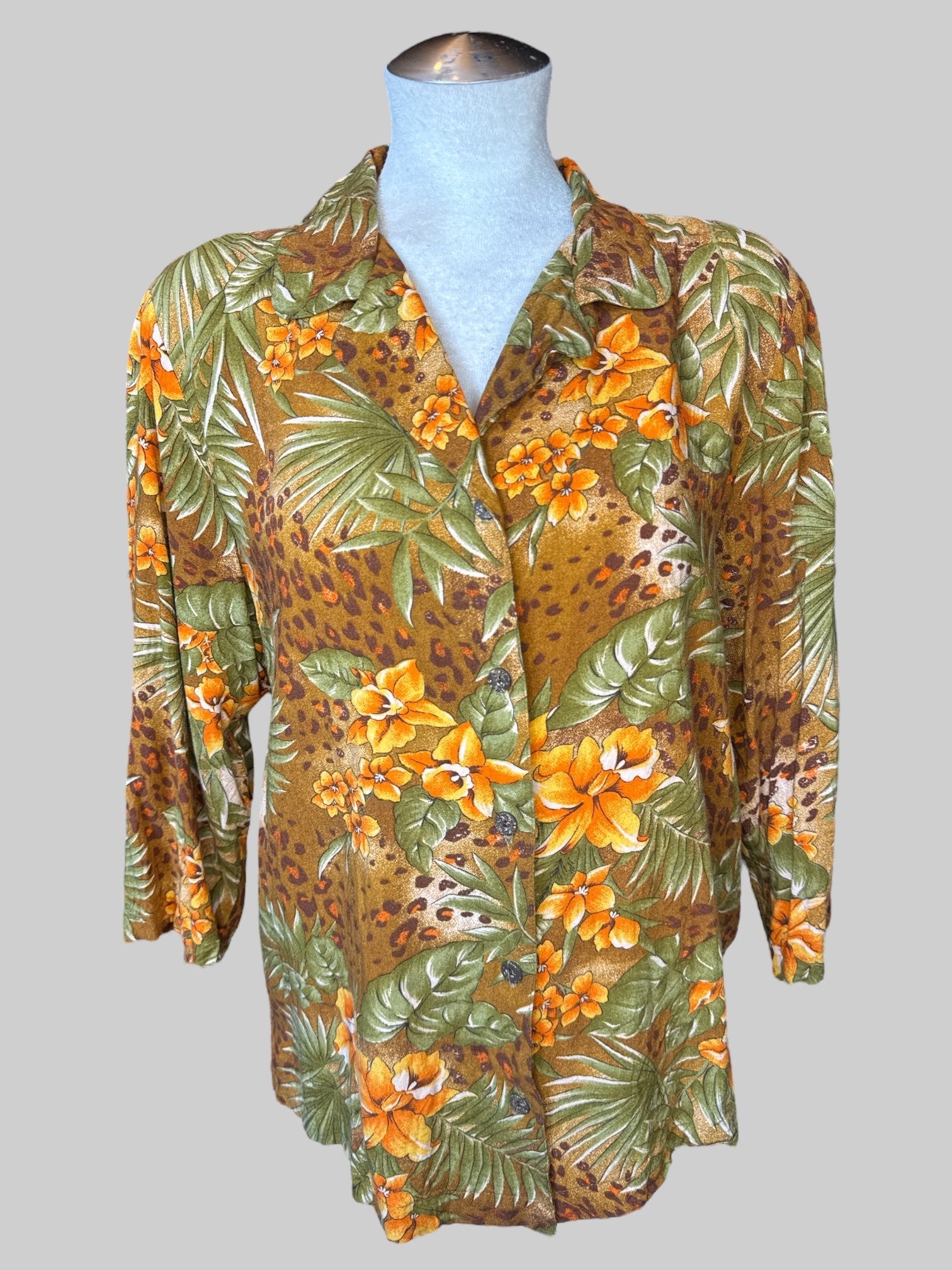 0X Vintage brown button-down top with orange floral print, leopard print, and wooden buttons