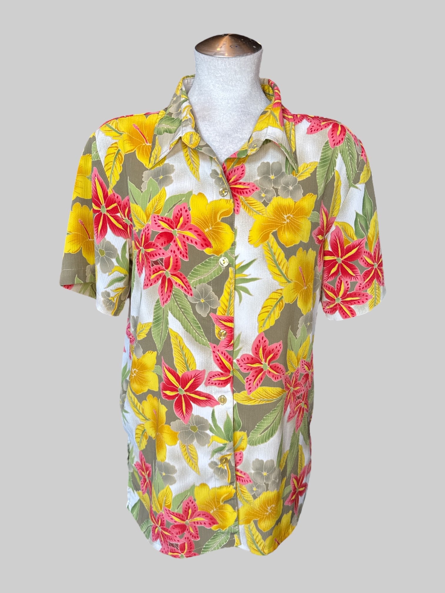 L Vintage white and grey short sleeve button down with yellow and pink floral print