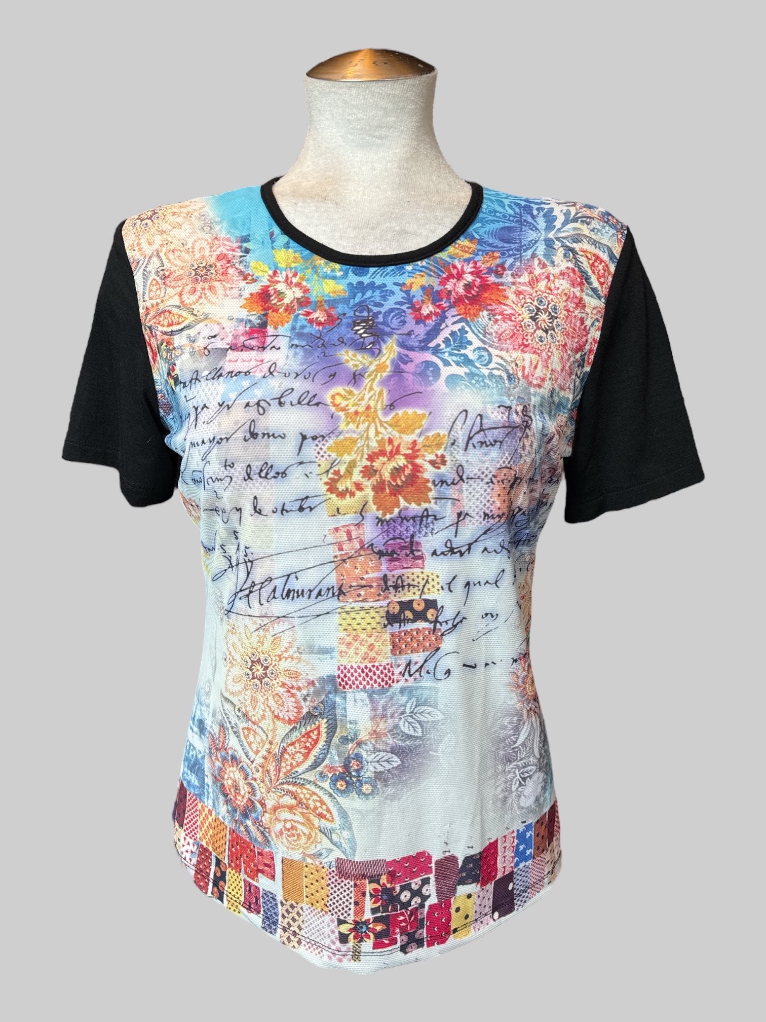 L Vintage black short sleeve top with multicolor multi pattern panel on front