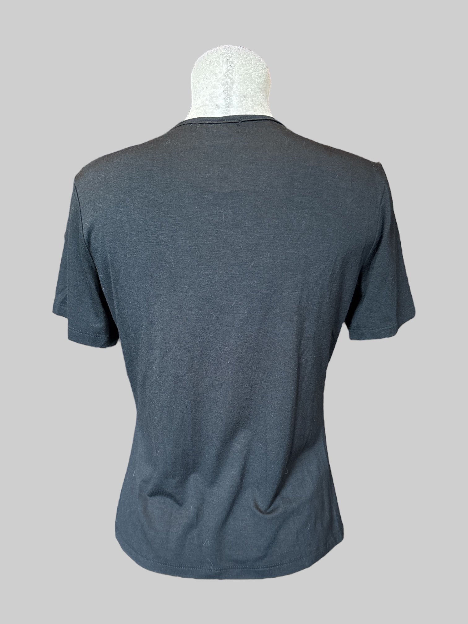 L Vintage black short sleeve top with multicolor multi pattern panel on front