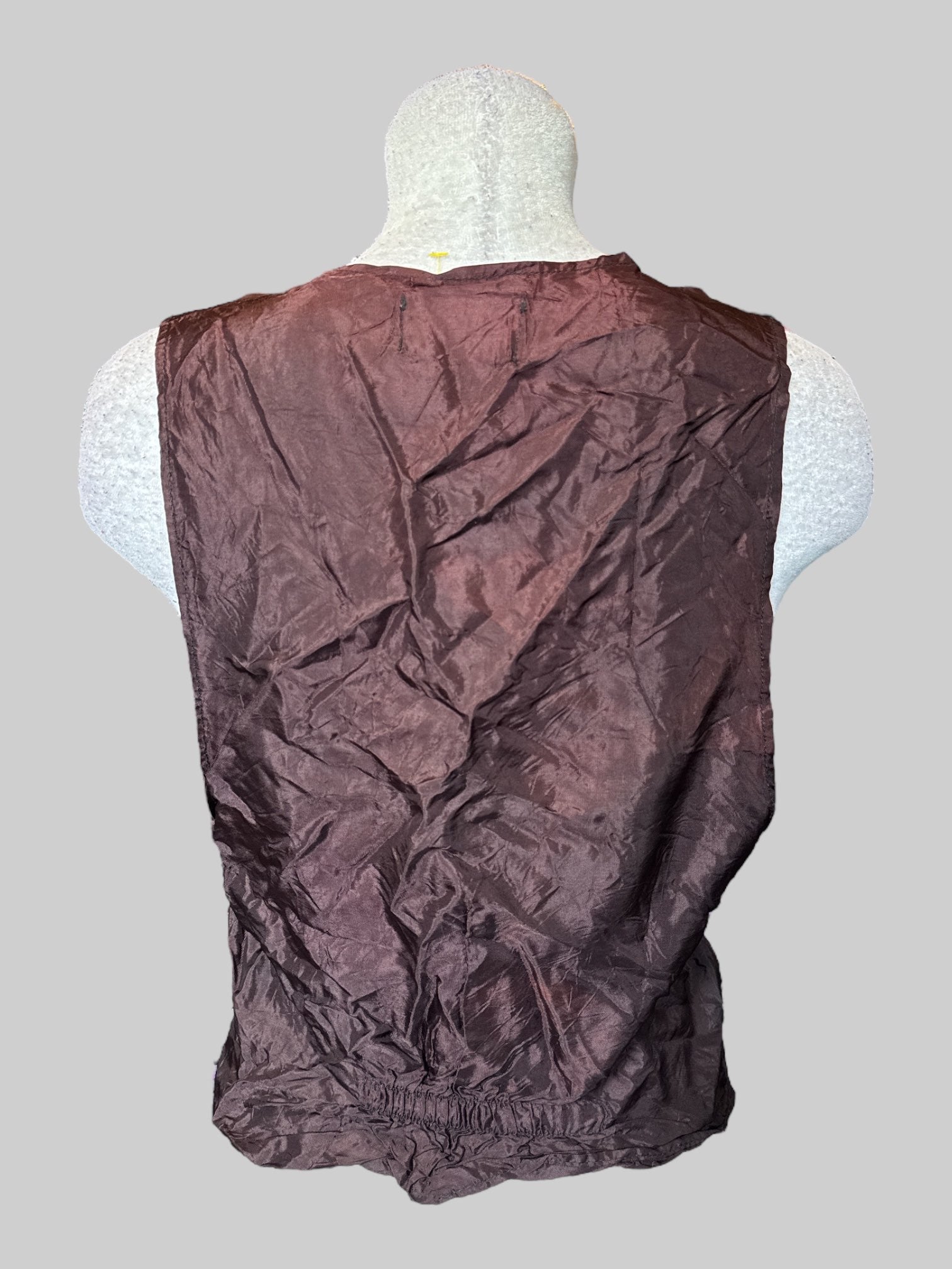 M Vintage black and white spiral design button down vest with multicolor floral design, and brown back with shirred waist