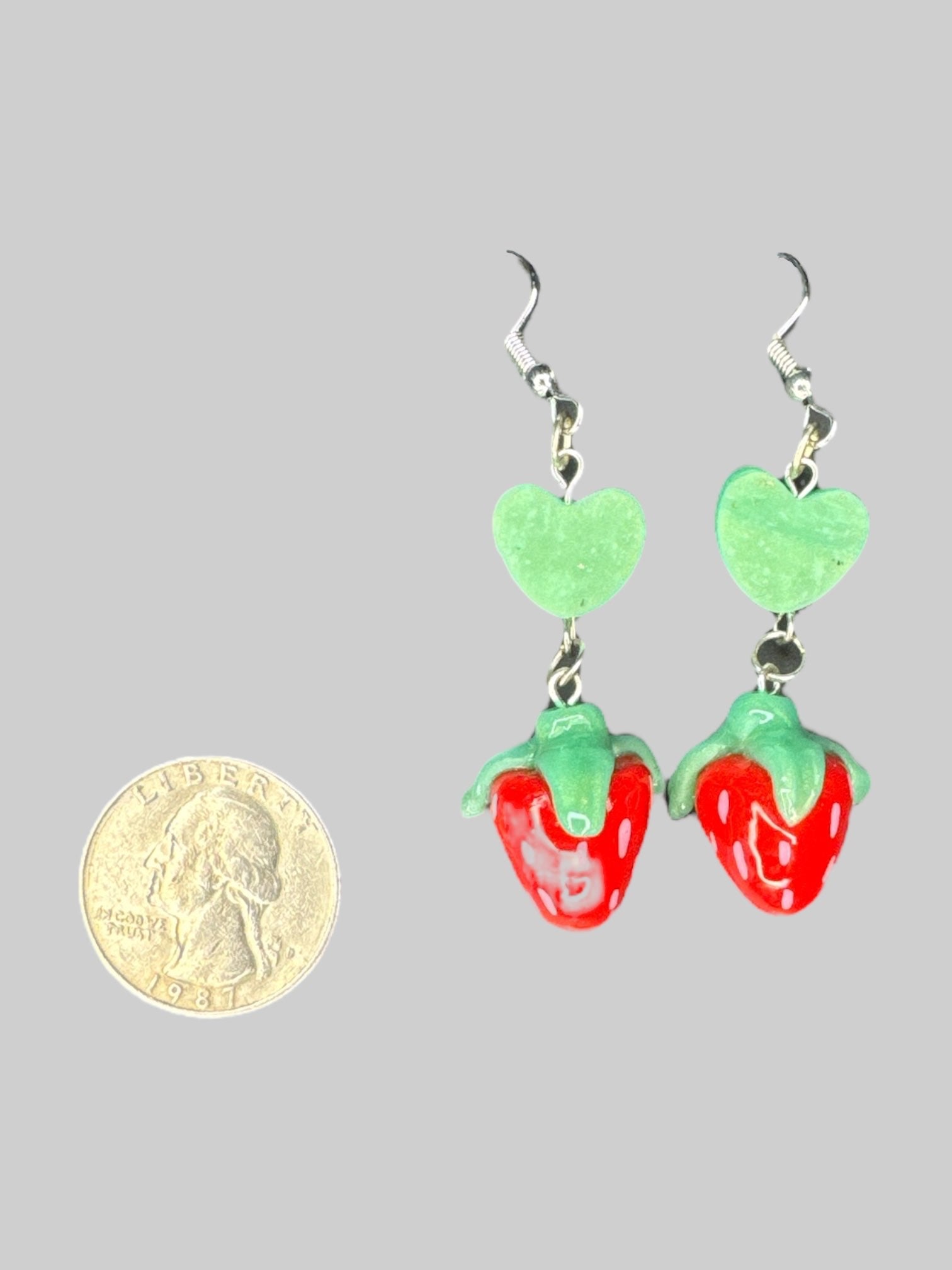 Dangly strawberry and green hearts earrings