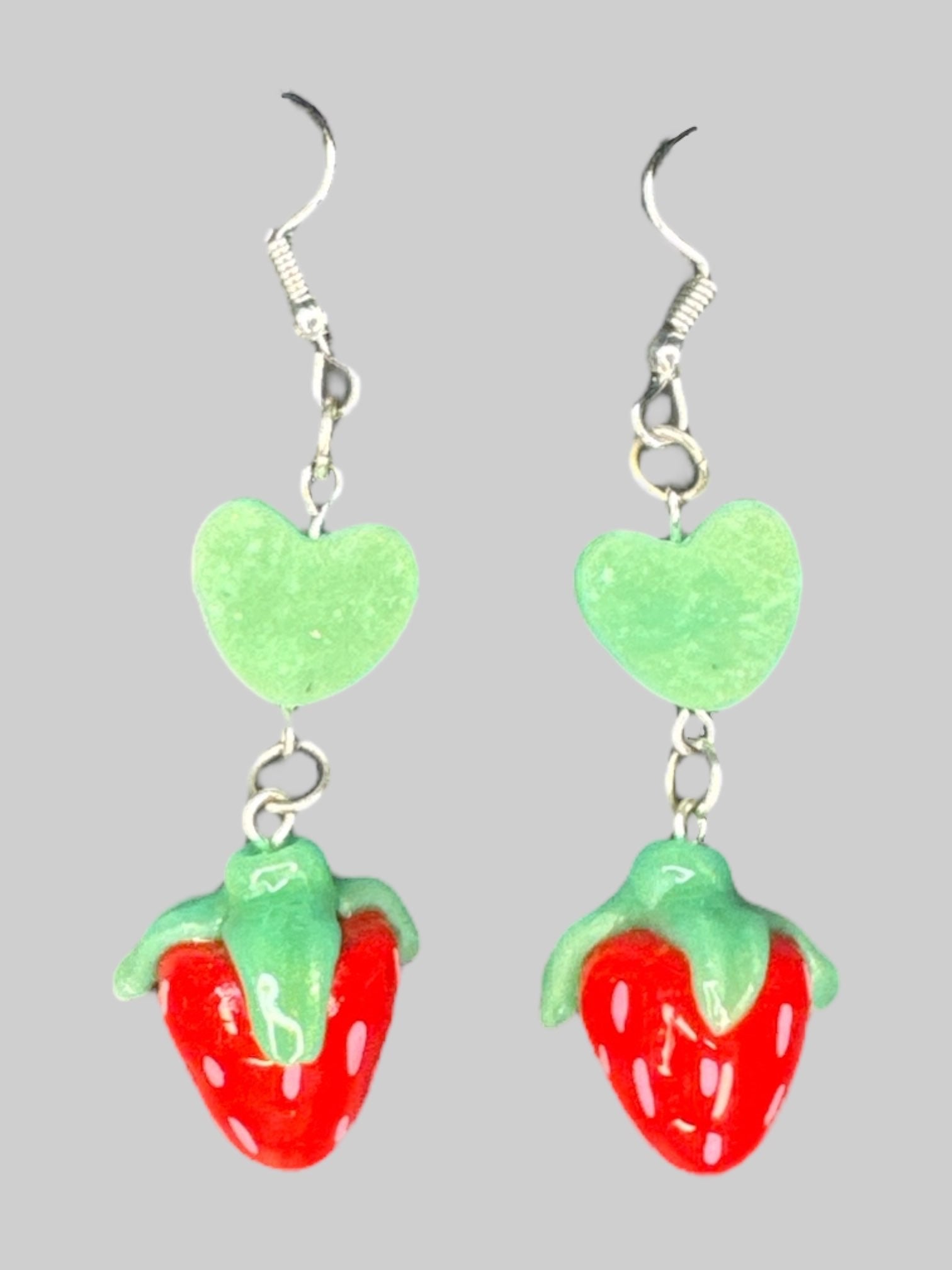 Dangly strawberry and green hearts earrings