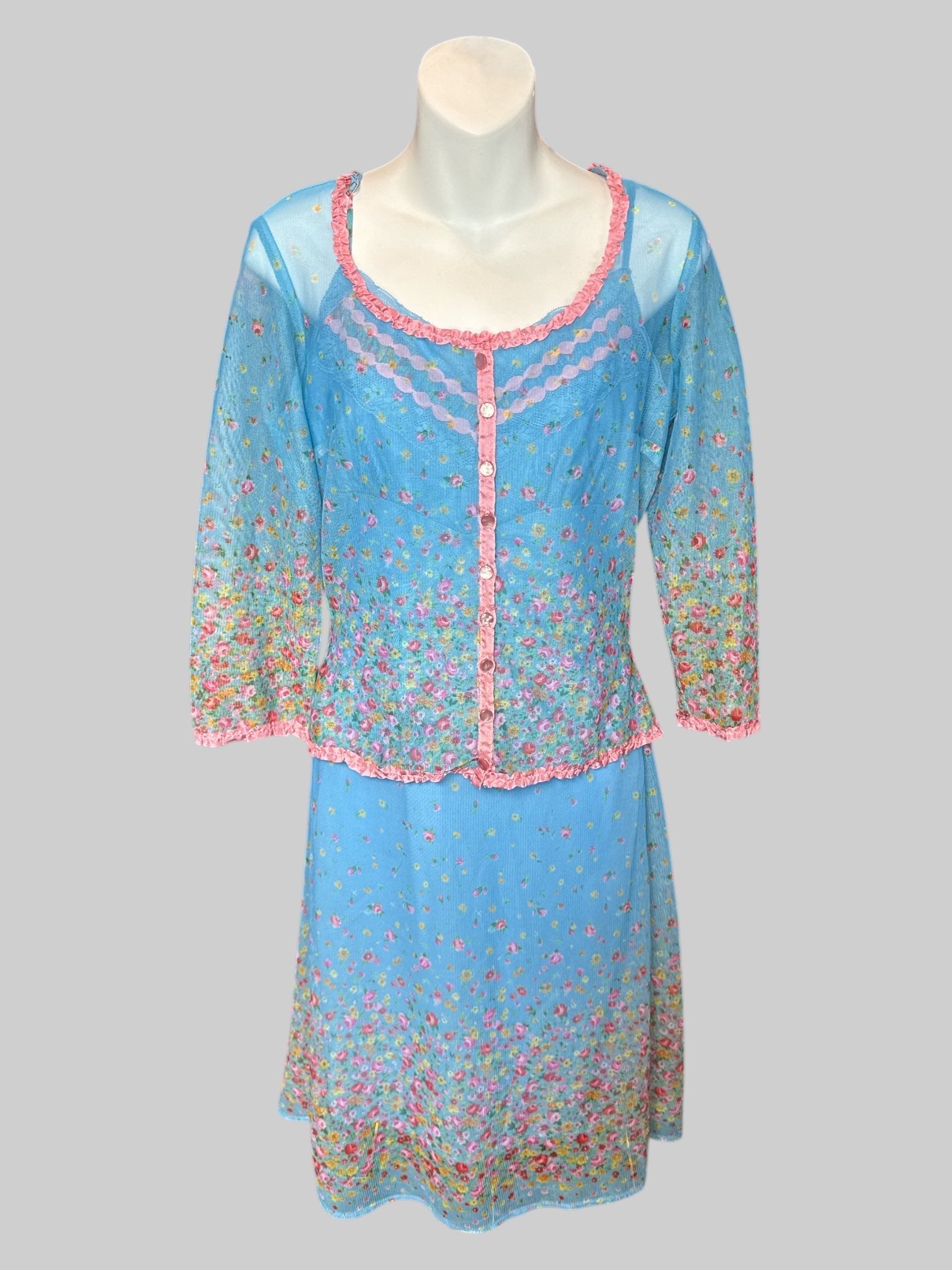 S Light blue floral sheer dress and cardigan; dress with zipper on side and lining, cardigan with pink ruffle, neckline and hems