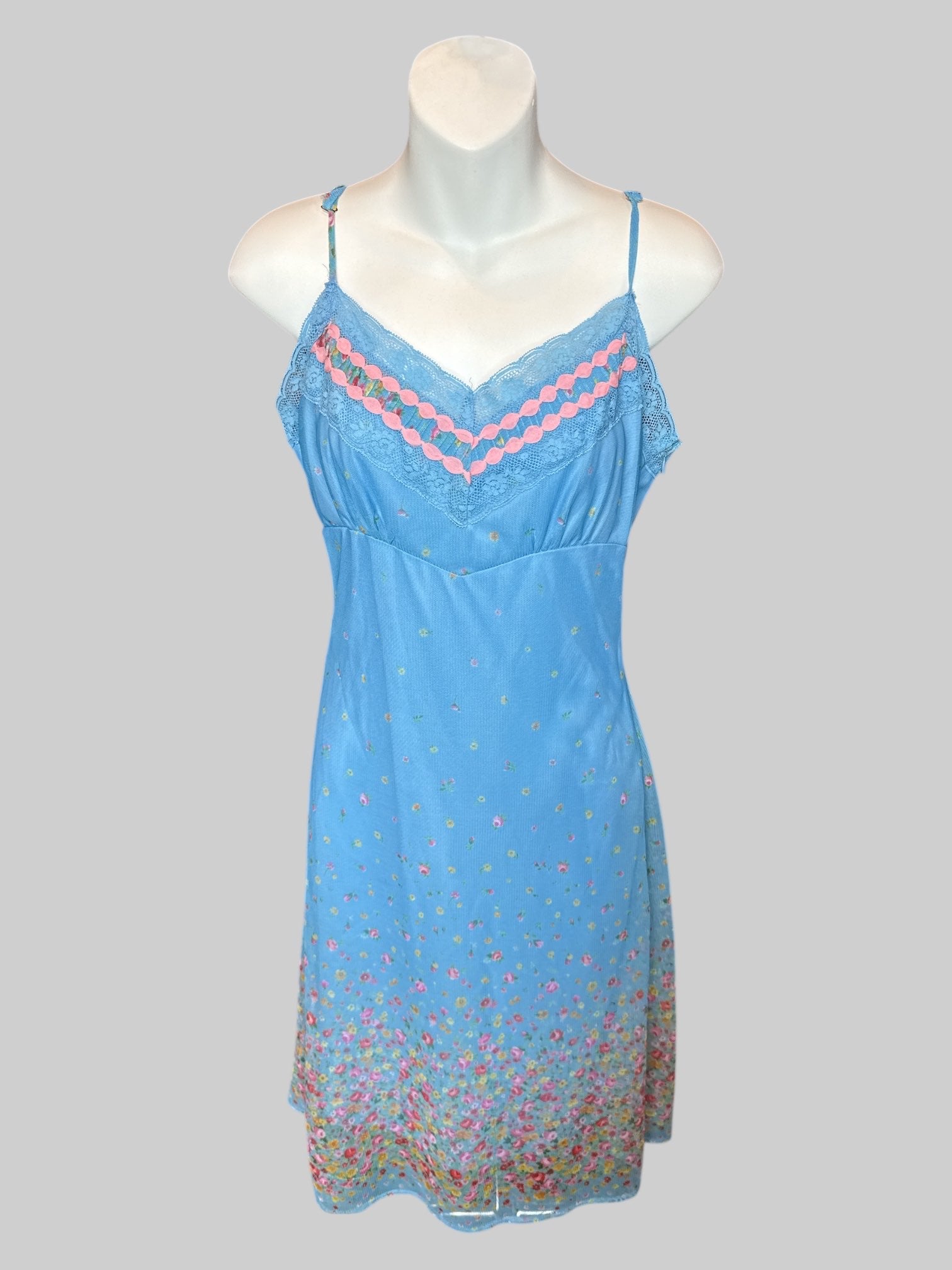 S Light blue floral sheer dress and cardigan; dress with zipper on side and lining, cardigan with pink ruffle, neckline and hems