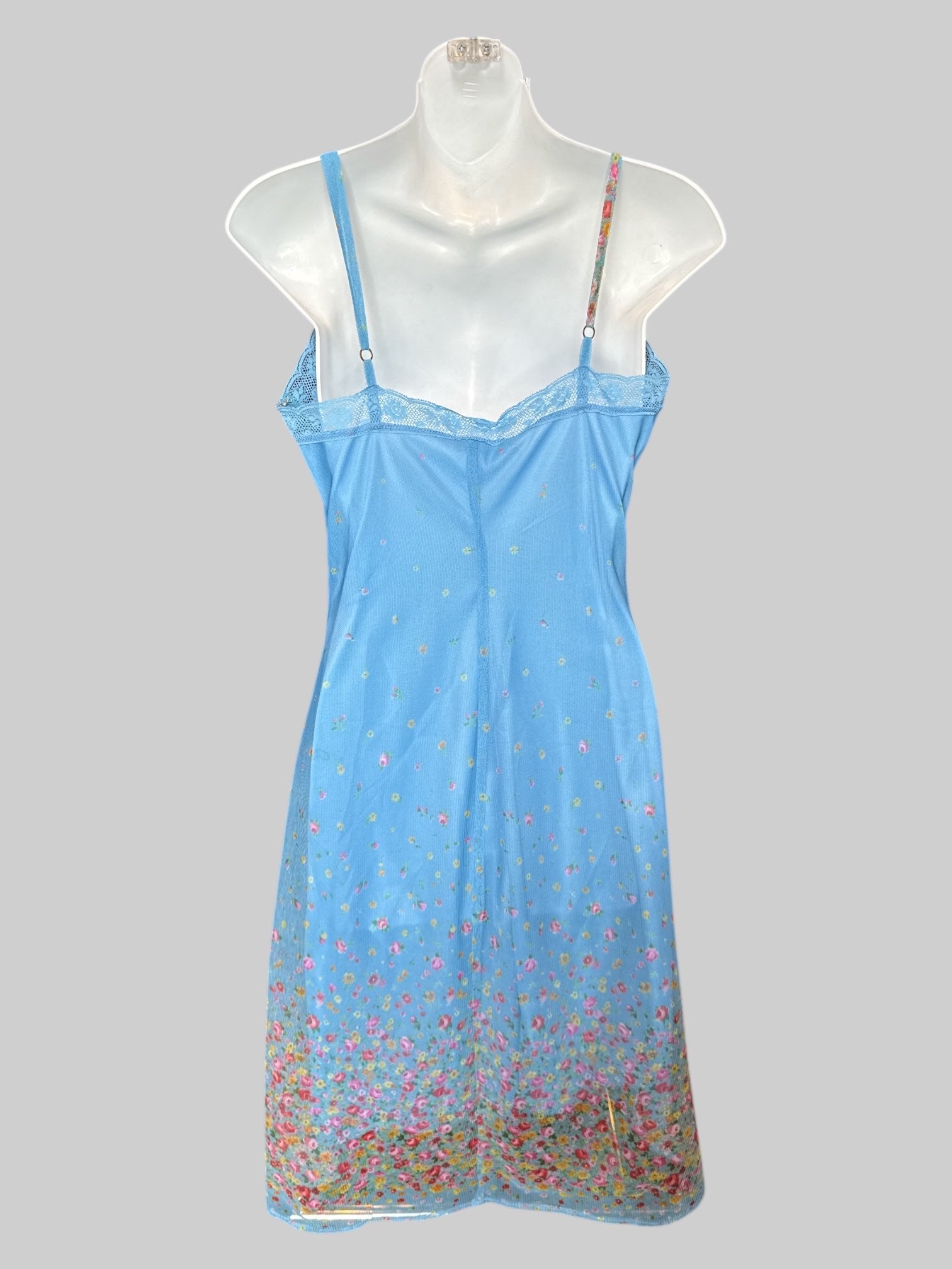 S Light blue floral sheer dress and cardigan; dress with zipper on side and lining, cardigan with pink ruffle, neckline and hems