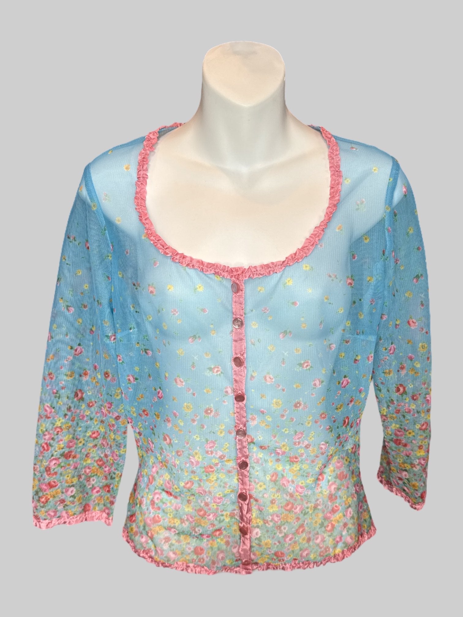 S Light blue floral sheer dress and cardigan; dress with zipper on side and lining, cardigan with pink ruffle, neckline and hems