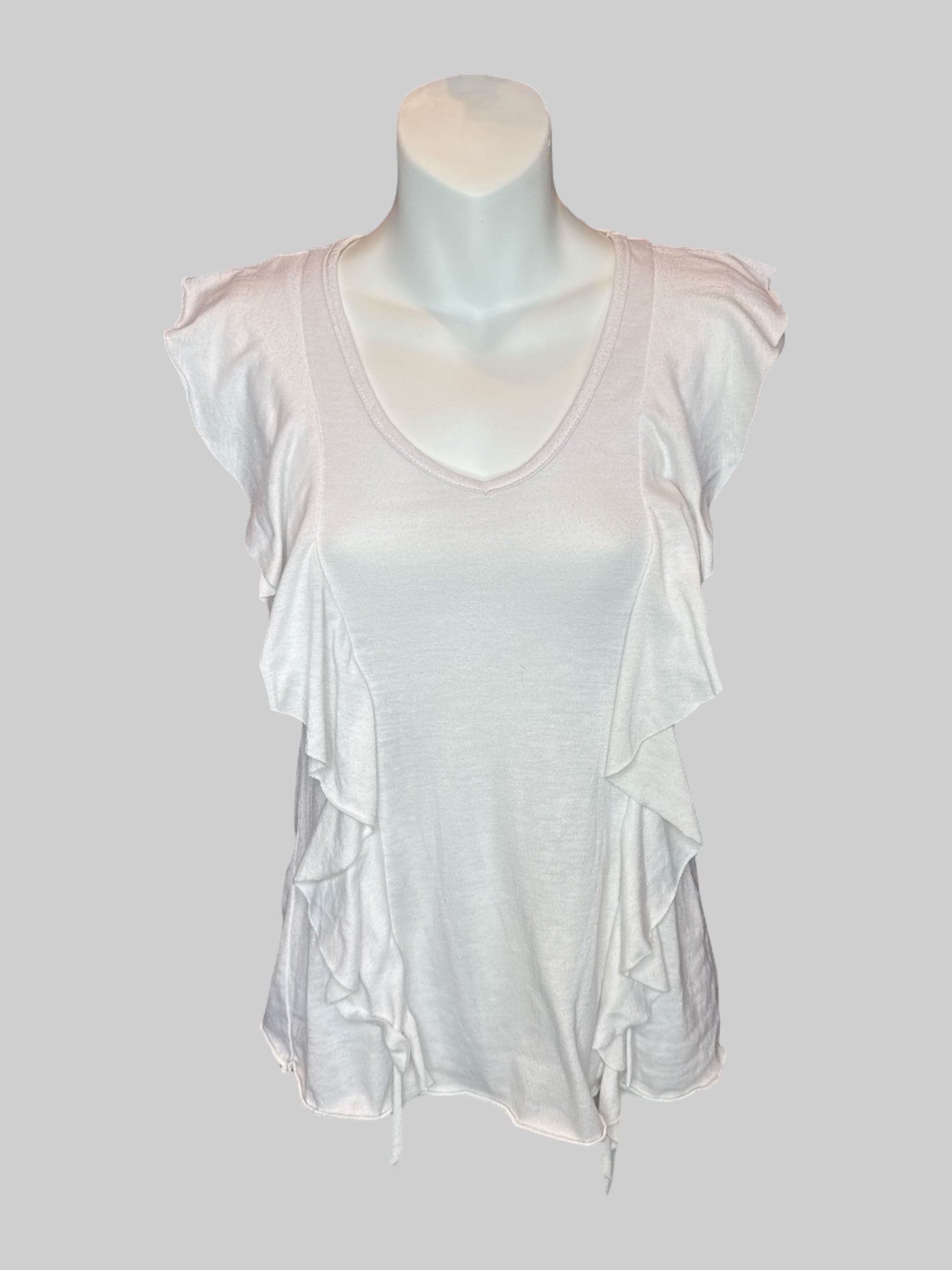 S White flowy soft top with ruffle designs