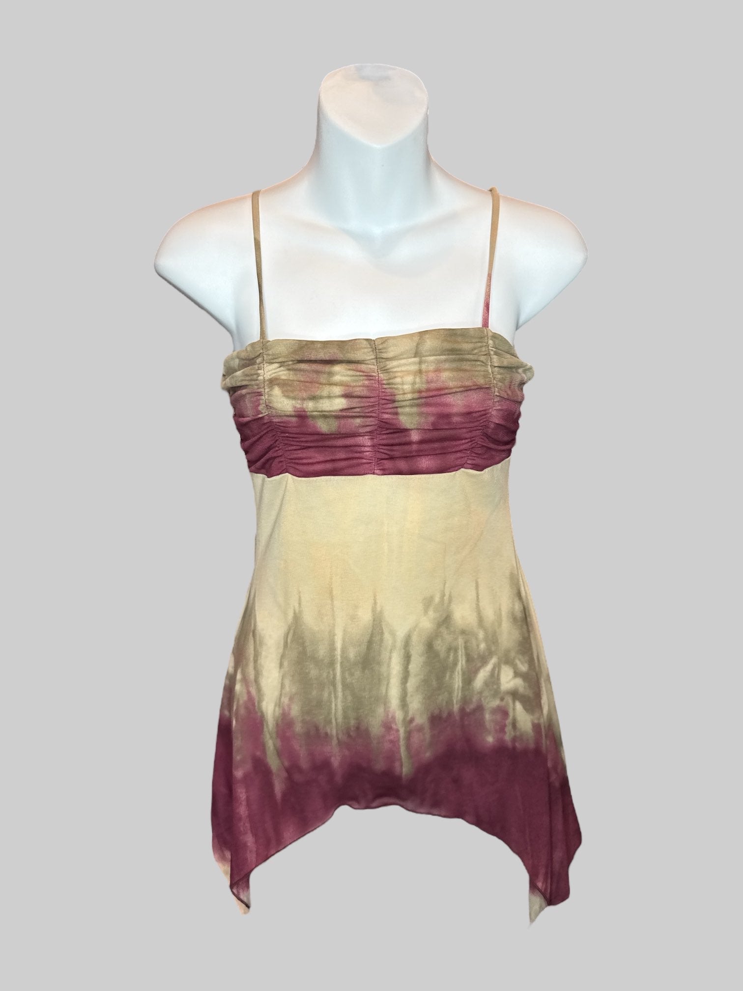 S Vintage tan sleeveless top with maroon bleeding pattern, asymmetrical hem, and cinched design on top