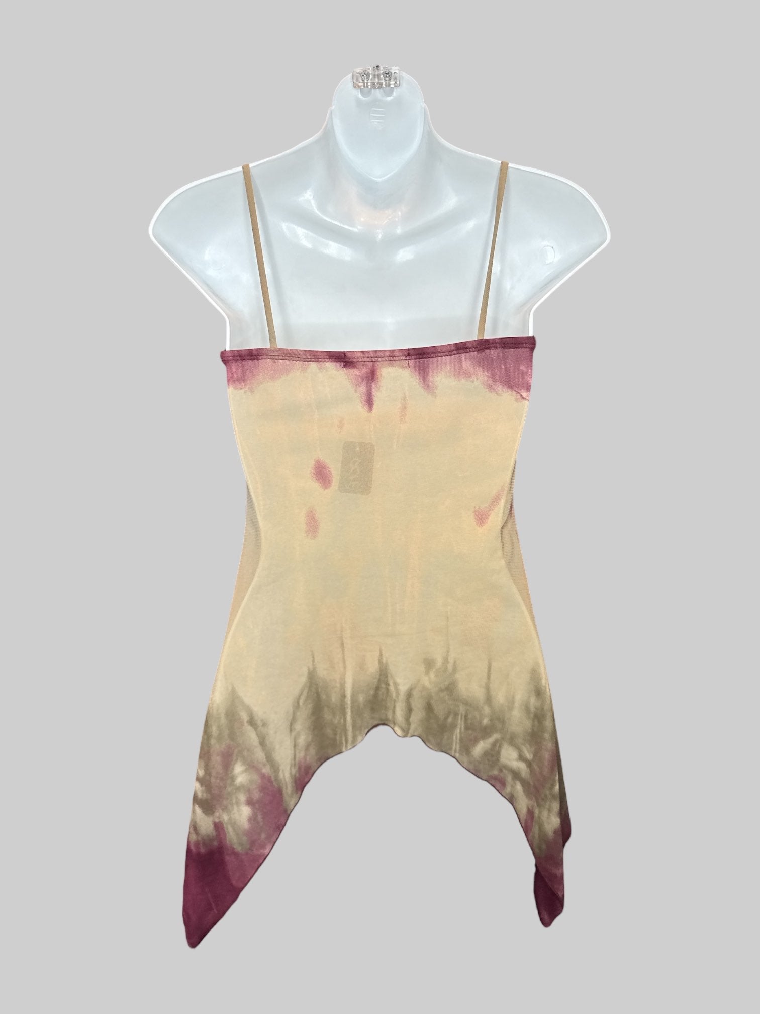 S Vintage tan sleeveless top with maroon bleeding pattern, asymmetrical hem, and cinched design on top