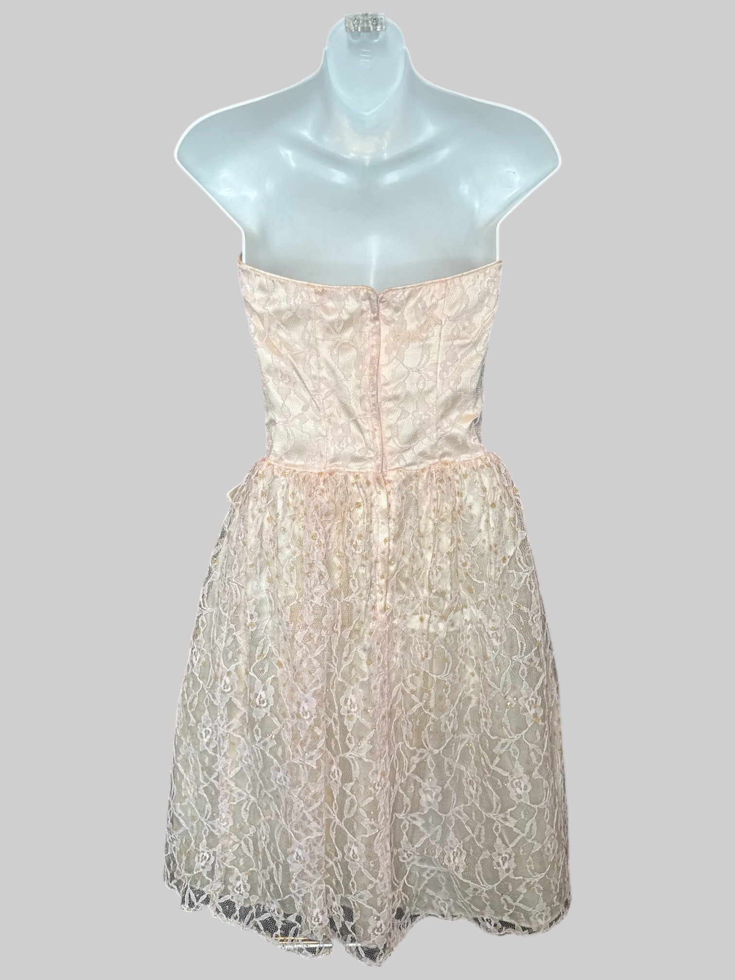 XS NWT vintage 70s light strapless dress with bedazzled lace, overlay, bow on front, and zipper on back