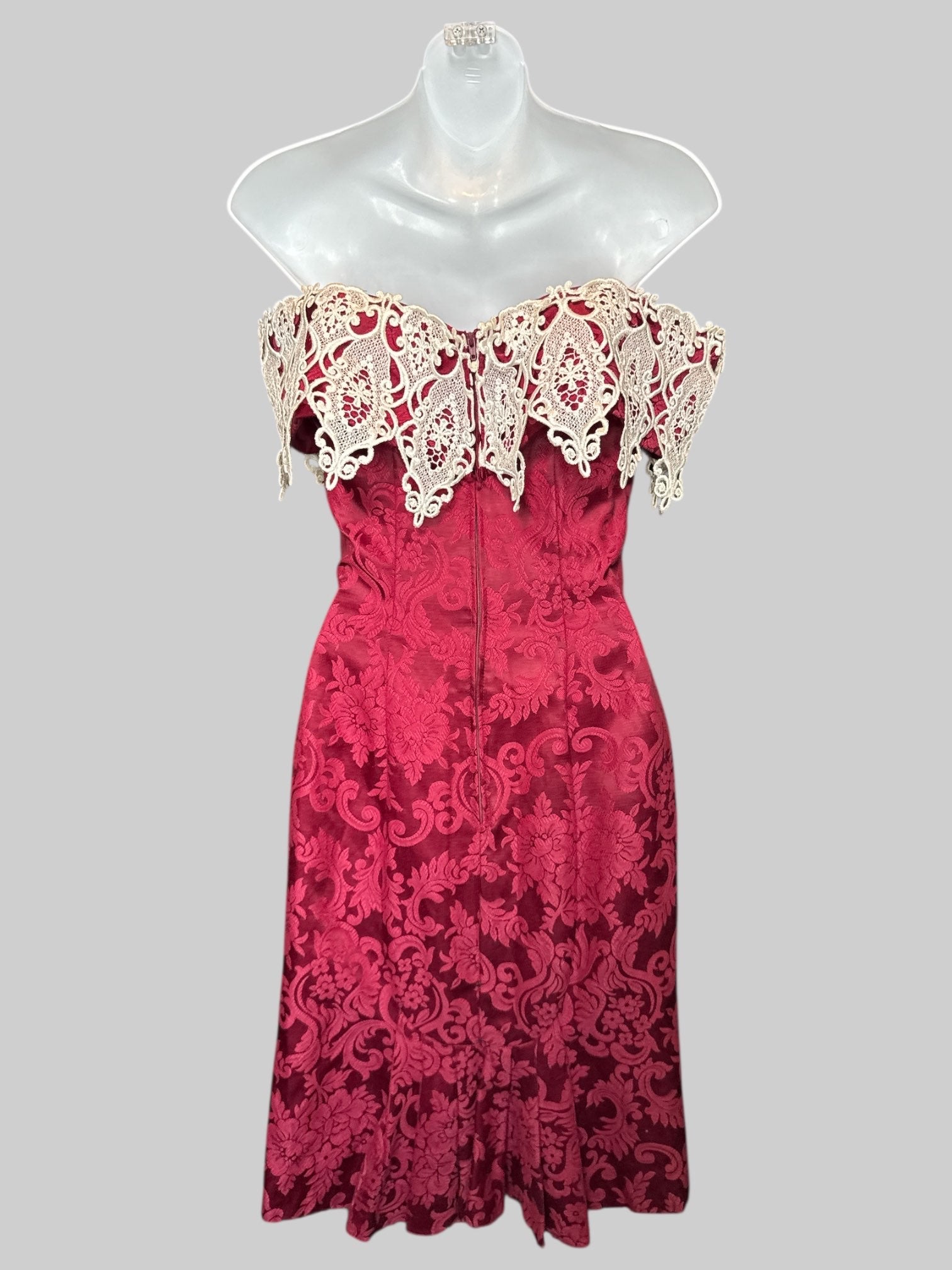 XS Vintage 70s maroon off the shoulder dress with white lace overlay on neck line, silver, bedazzled decoration, and floral ornate design