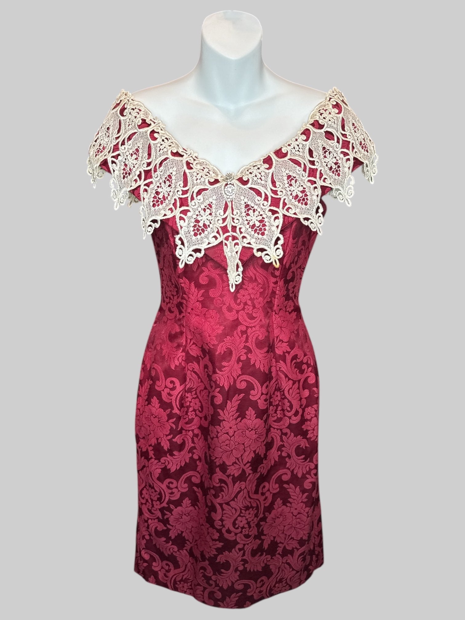 XS Vintage 70s maroon off the shoulder dress with white lace overlay on neck line, silver, bedazzled decoration, and floral ornate design